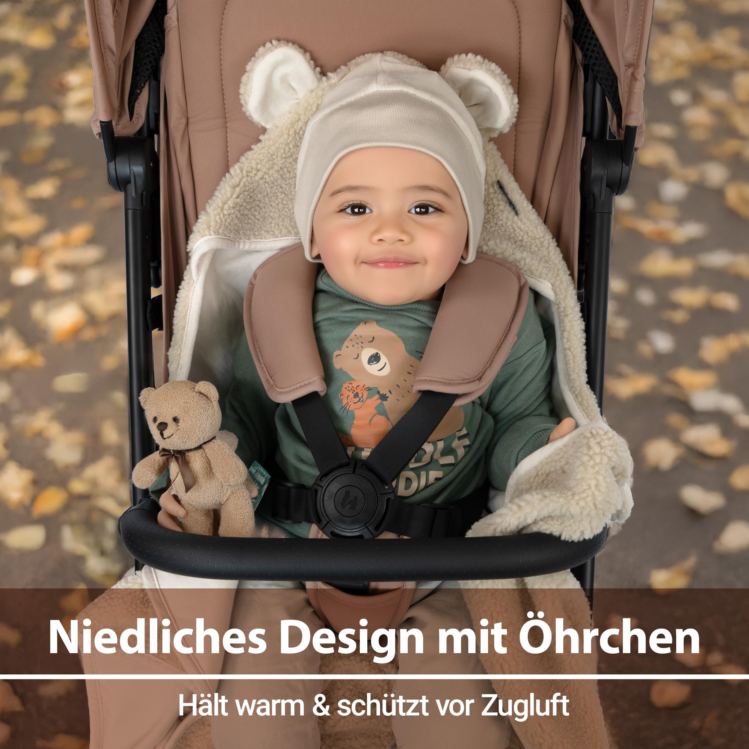 Zamboo Baby Einschlagdecke Fluffy Fleece 80x80 cm Oeko-TEX Zertifiziert mit Öhrchen & Gurtschlitzen Beige