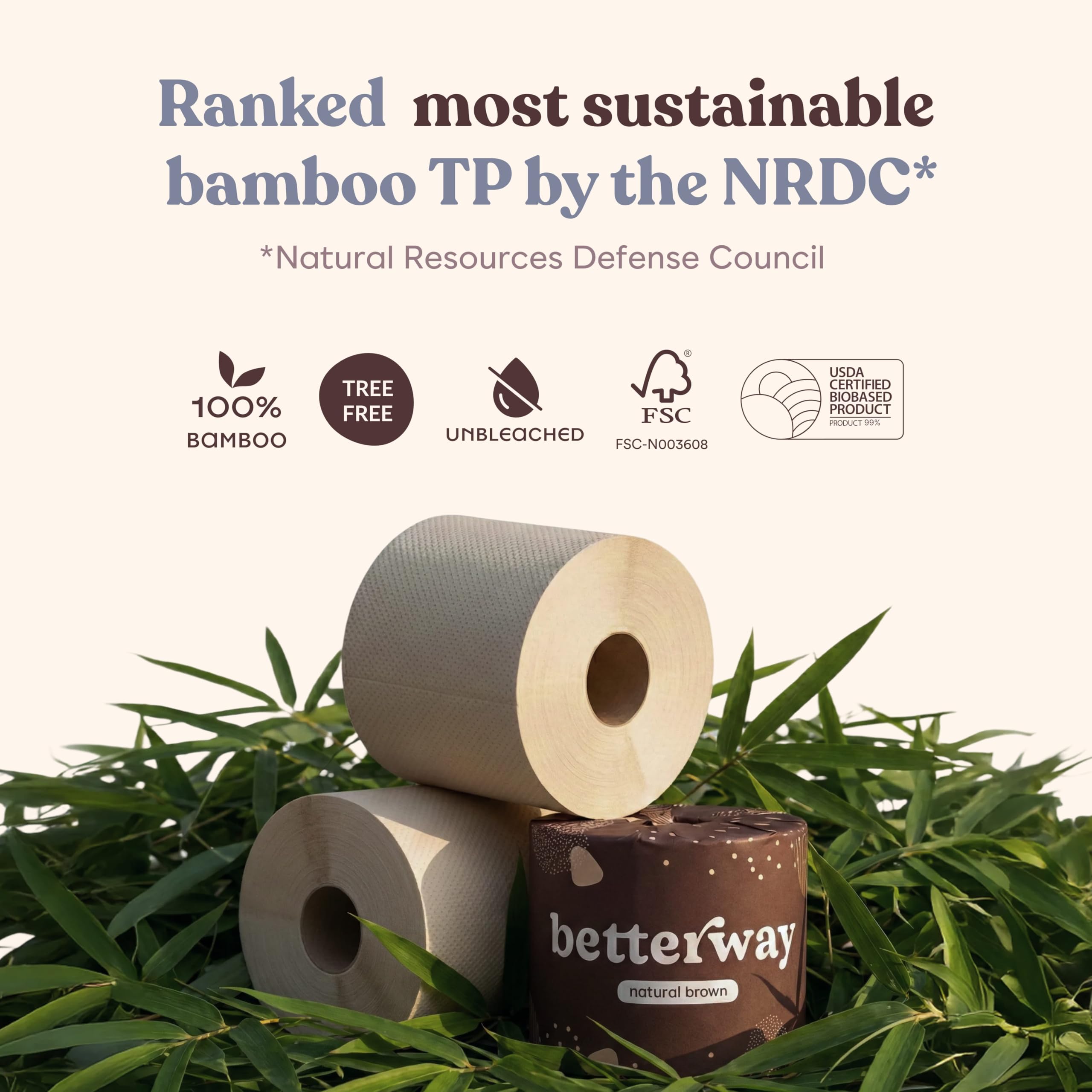 Betterway Rollos de papel higiénico de bambú sin blanquear, papel higiénico ecológico de 3 capas, 12 rollos de larga duración, 360 hojas/rollo, orgánico, certificado FSC, TP seguro séptico, sin