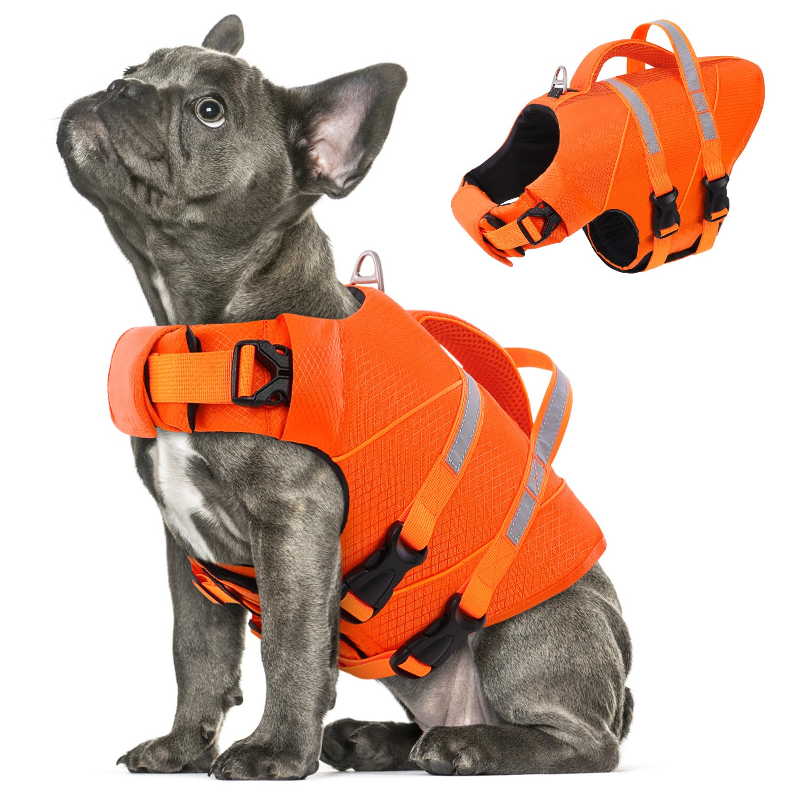 Queenmore Dog Life Jacket Medium Reflective Pet Swimming Vest Lightweight &Adjustable Dog Float Jacket With Rescue Handle for French Bulldog,Dachshund,Pug (Orange, M)
