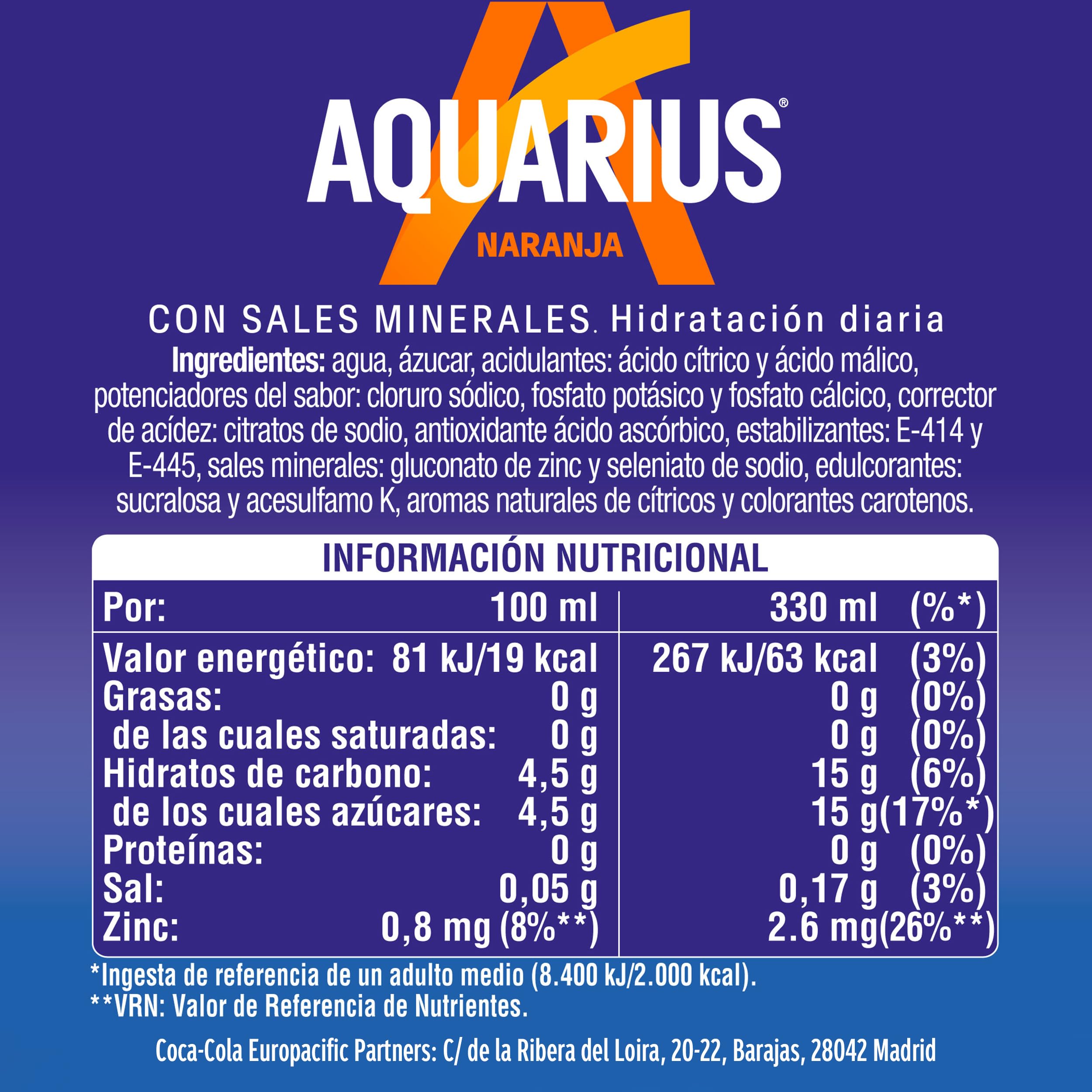 Aquarius Naranja, Bebida Hidratante con Sales Minerales, Baja en Calorías - Pack 9 Latas, 330 ml