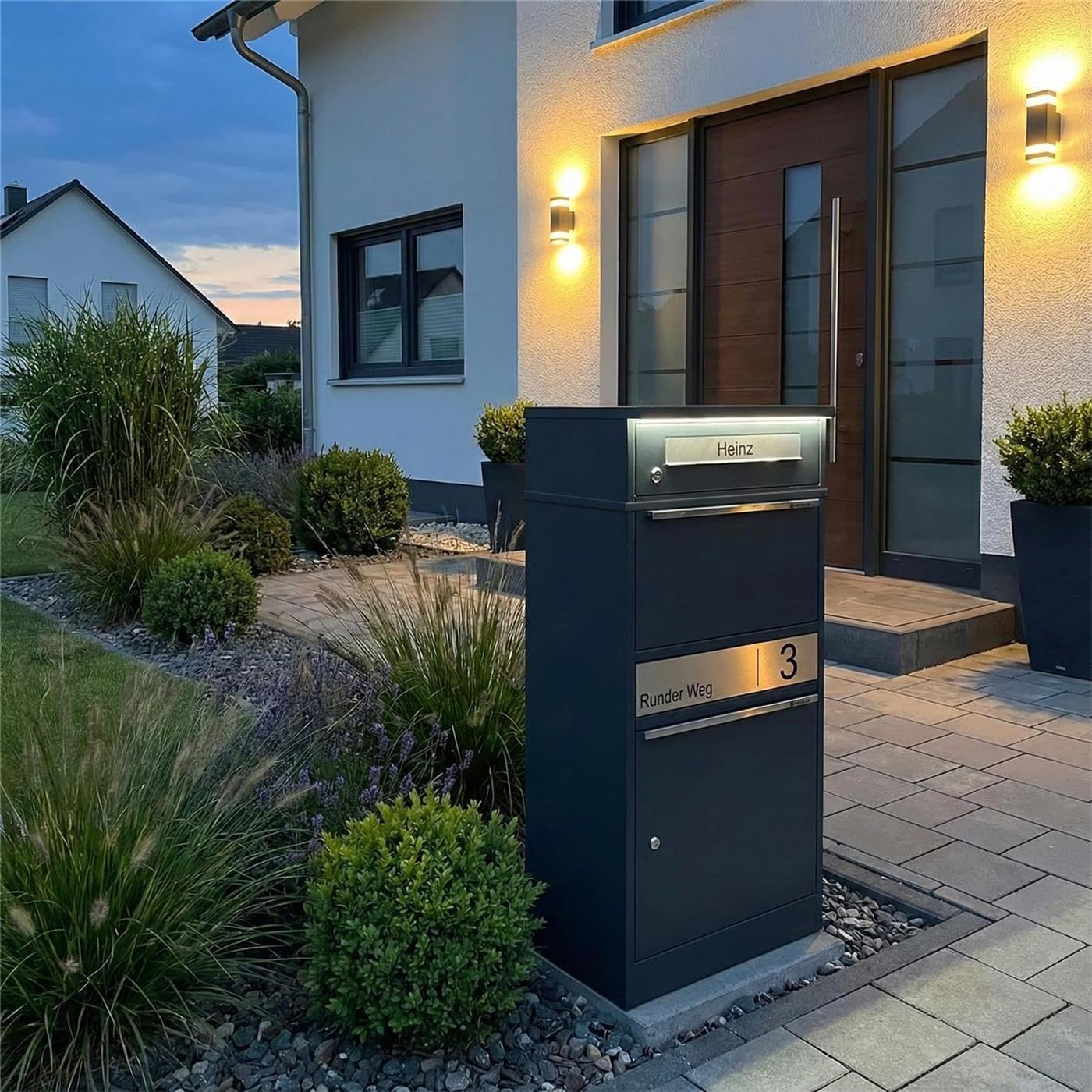 Metzler® boîte aux Lettres Colis avec éclairage LED Solaire et Plaque nom gravée RAL 7016 Anthracite – Acier thermolaqué sur Pied, capacité XL sécurisée et résistante intemperies Bispo 2