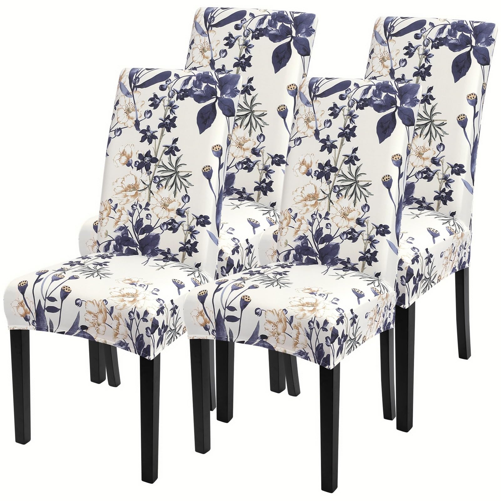 SearchI Printed Dining Room Chair Covers Set of 4, Stretch Kitchen Chair Covers Washable Parsons Chair Slipcover Removable Dining Chair Protectors for Hotel,Ceremony(Blue Flowers)