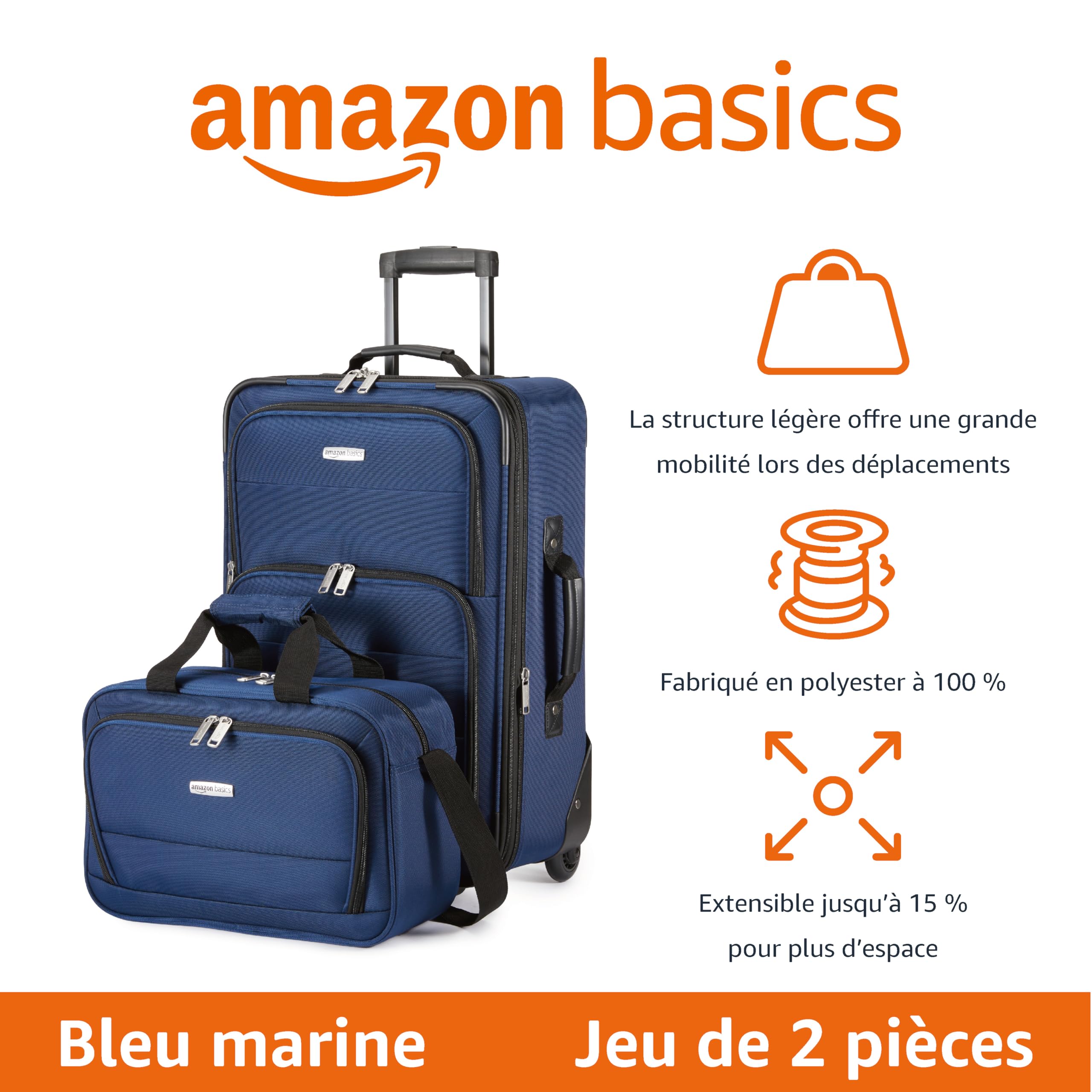 Amazon Basics Lot de 2 Valises Souples Extensibles (58 cm) et Sac Fourre-Tout (25 cm), Légers, 100% Polyester, Ensemble de Bagages Empilables, Bleu Marine