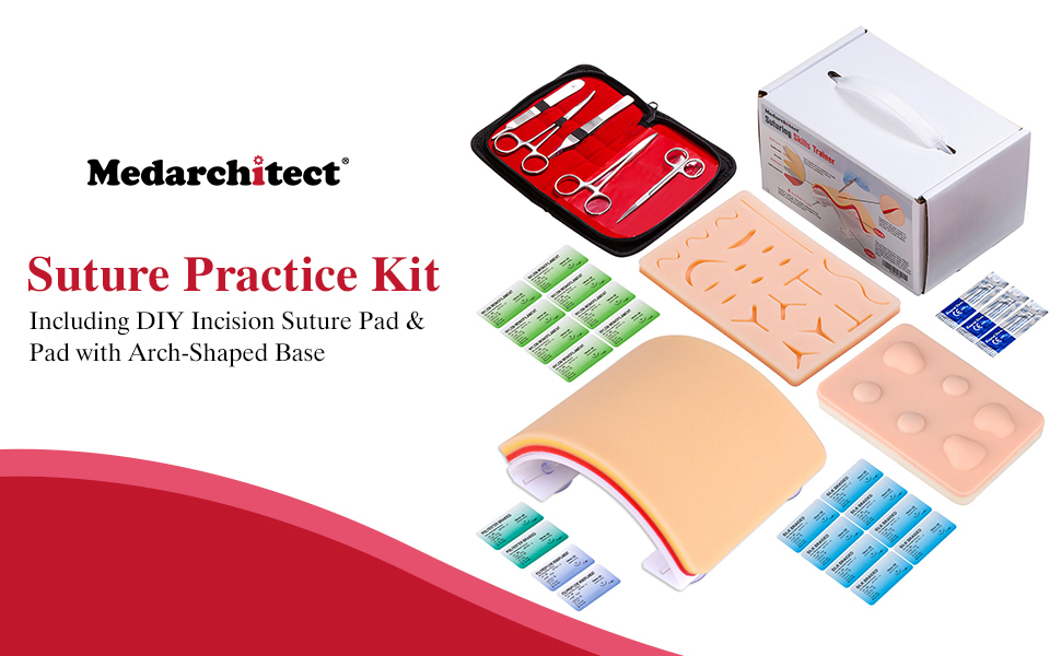 Image of Medarchitect Premium Suturing Skill Trainer Including DIY Incision Suture Pad with Hook & Loop Replacement Design, 19 Pre-Cut Wounds Pad & Complete Tools for Advanced Suture Skill Practice