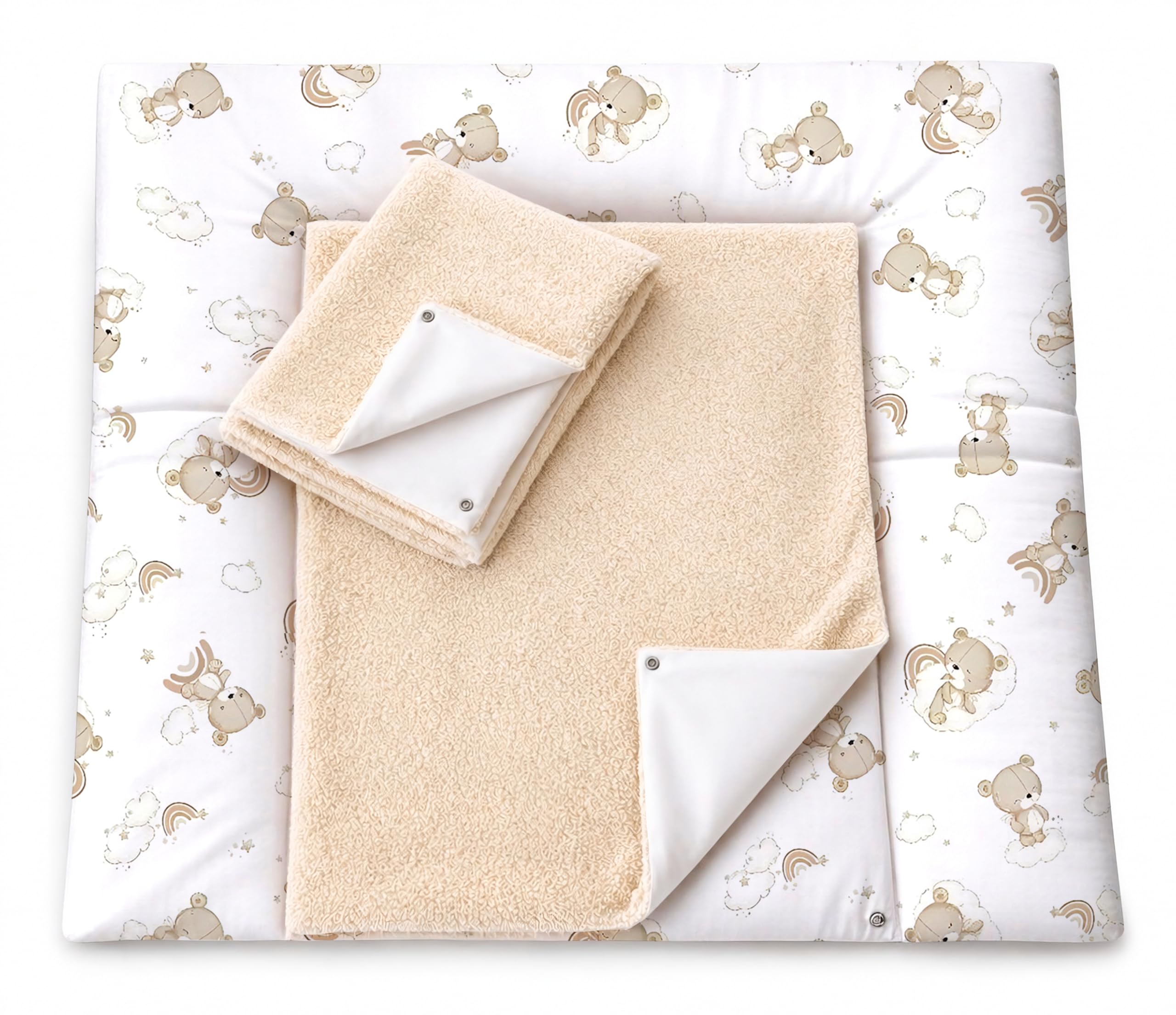 Wickelauflage mit 2 wasserfesten Frotteebezügen – 3-teiliges Set mit Druckknöpfen – Baby Wickelunterlage - Wickeltischauflage aus Baumwolle – 75x75 cm (Breite x Tiefe), Teddy