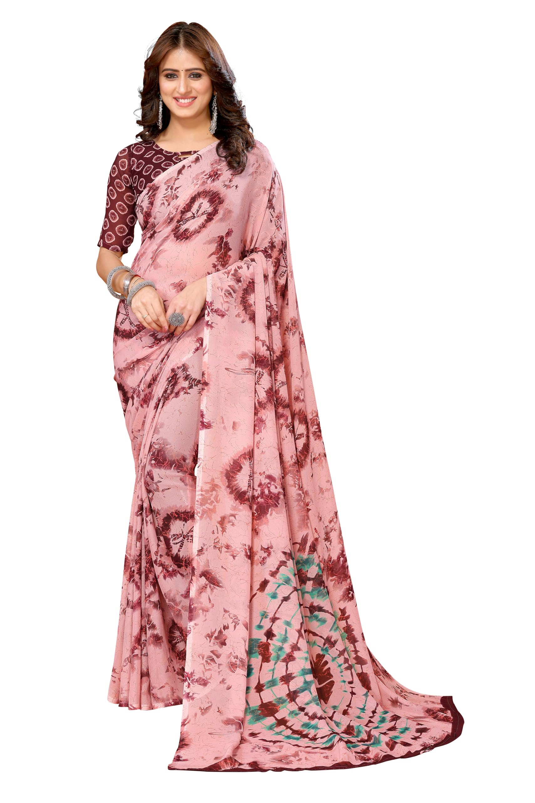 Yashika Mujer Moda Georgette Color Marrón Sari con Material Blusa - Imagen 11 de 13