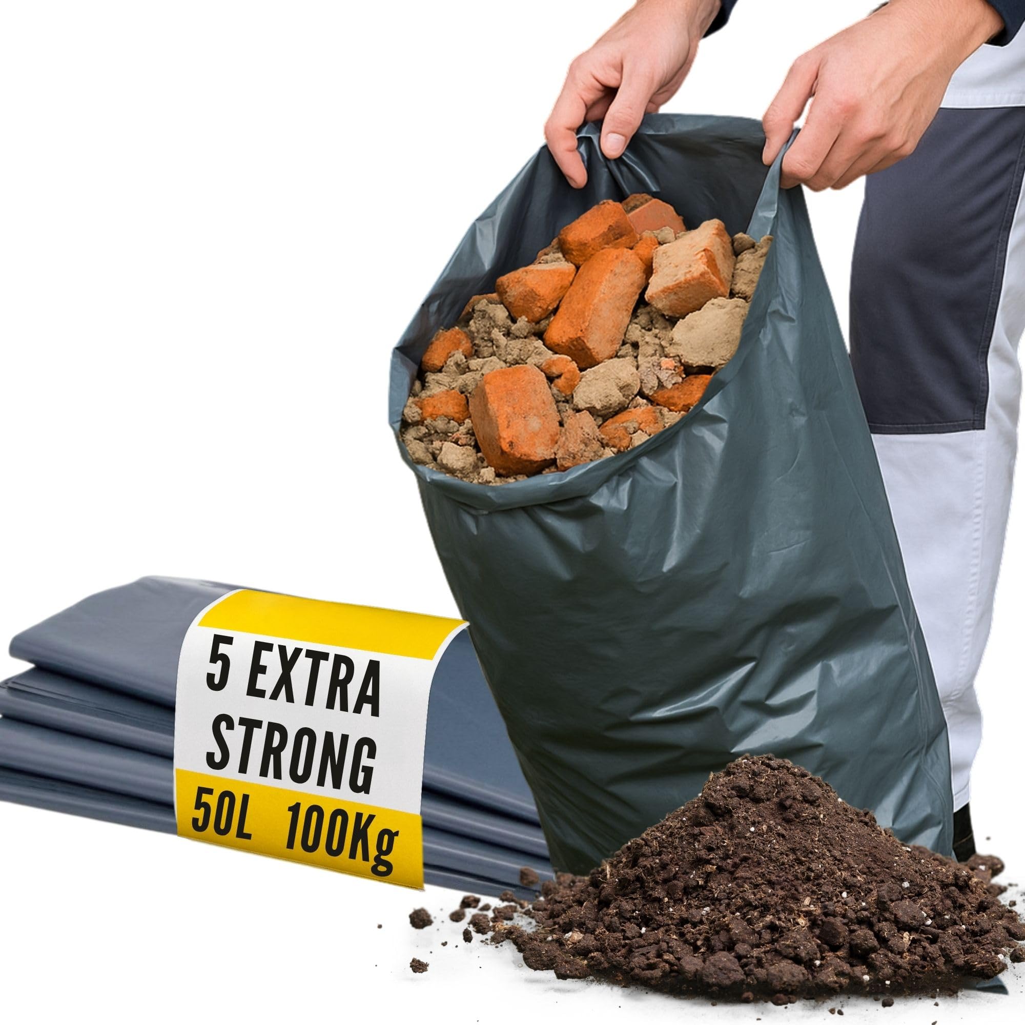 Calzette Grey Extra Strong Heavy Duty Rubble Sacks - 80 L Capacity - 5 Rubble Bags - 100Kg