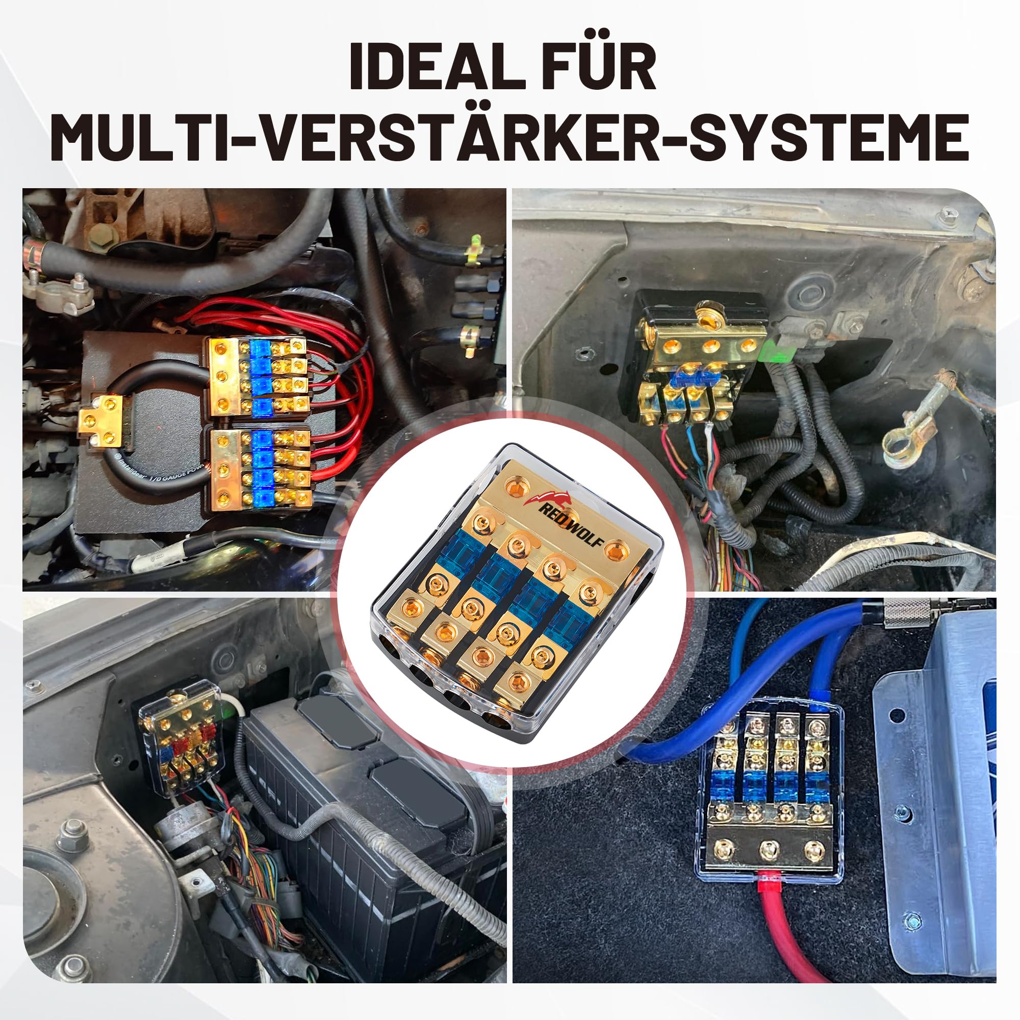 RED WOLF 4 Wege Kfz Stromverteiler mit 60 Ampere Flachsicherungen, Mini ANL Sicherungshalter 60A für Auto Audio Stereo Autobatterie Sicherungshalter 0/2/4 Gauge In 4/8 Gauge Out Verteilerblock
