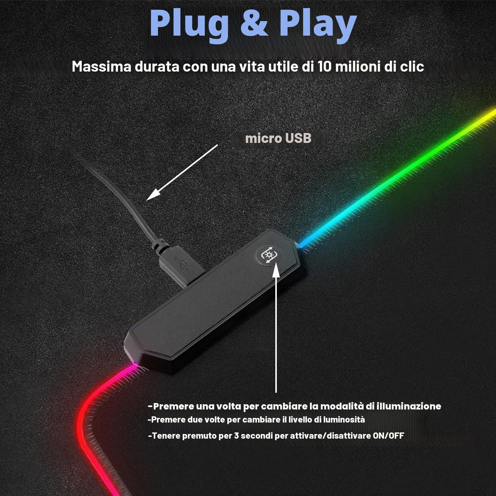 Tappetino per mouse da gaming, RGB, 800 x 300 mm, XXL per gaming, 14 modalità di illuminazione, 7 LED, impermeabile, antiscivolo, per tastiera, computer, PC, giocatore, scrivania, nero