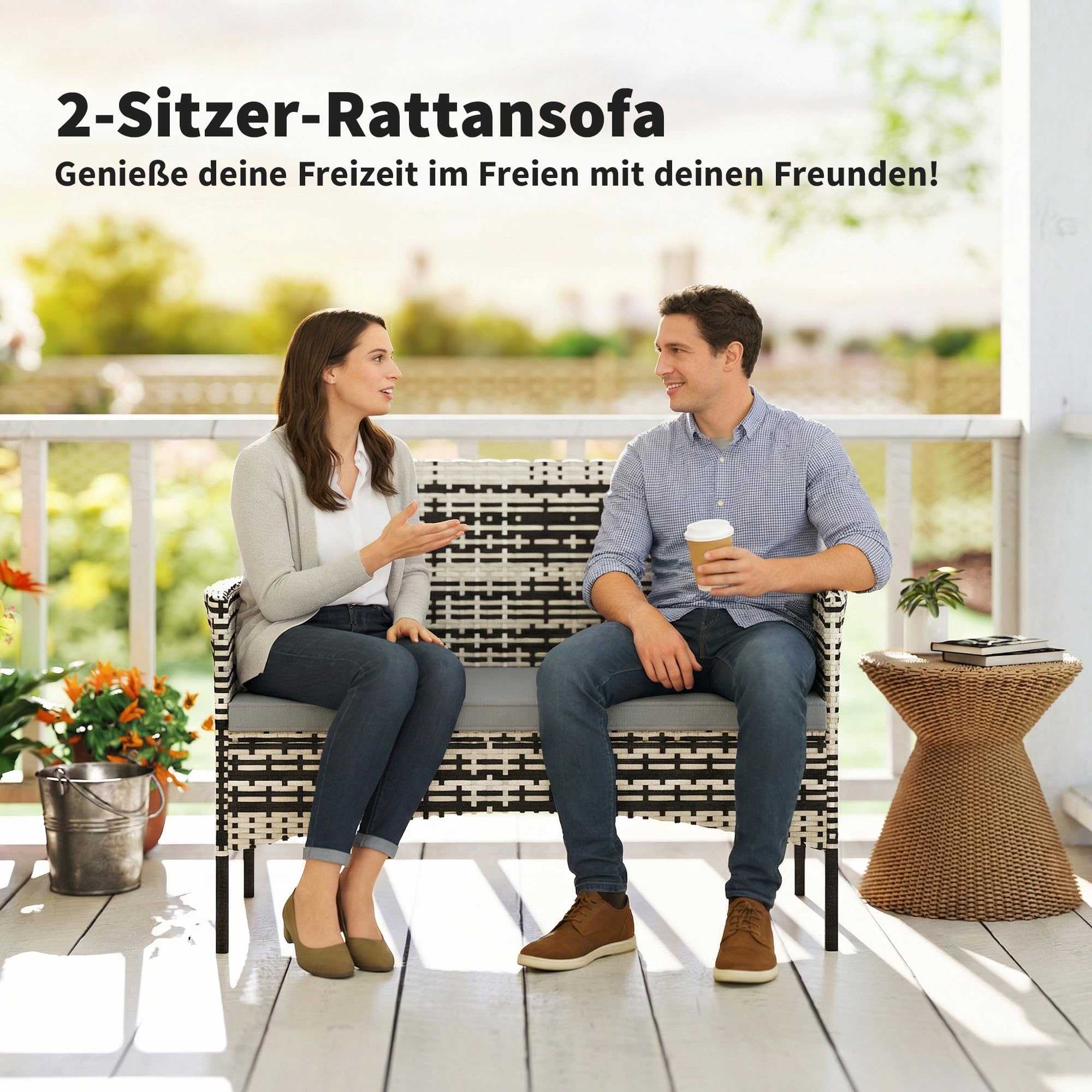 Outsunny Sofa Ogrodowa 2-osobowa Rattanowa z Poduszką, Sofa na Taras Balkon, Pogodoodporna, Jasnoszara | Sofa wypoczynkowa, sofa do ogrodu, na taras, balkon, polirattan