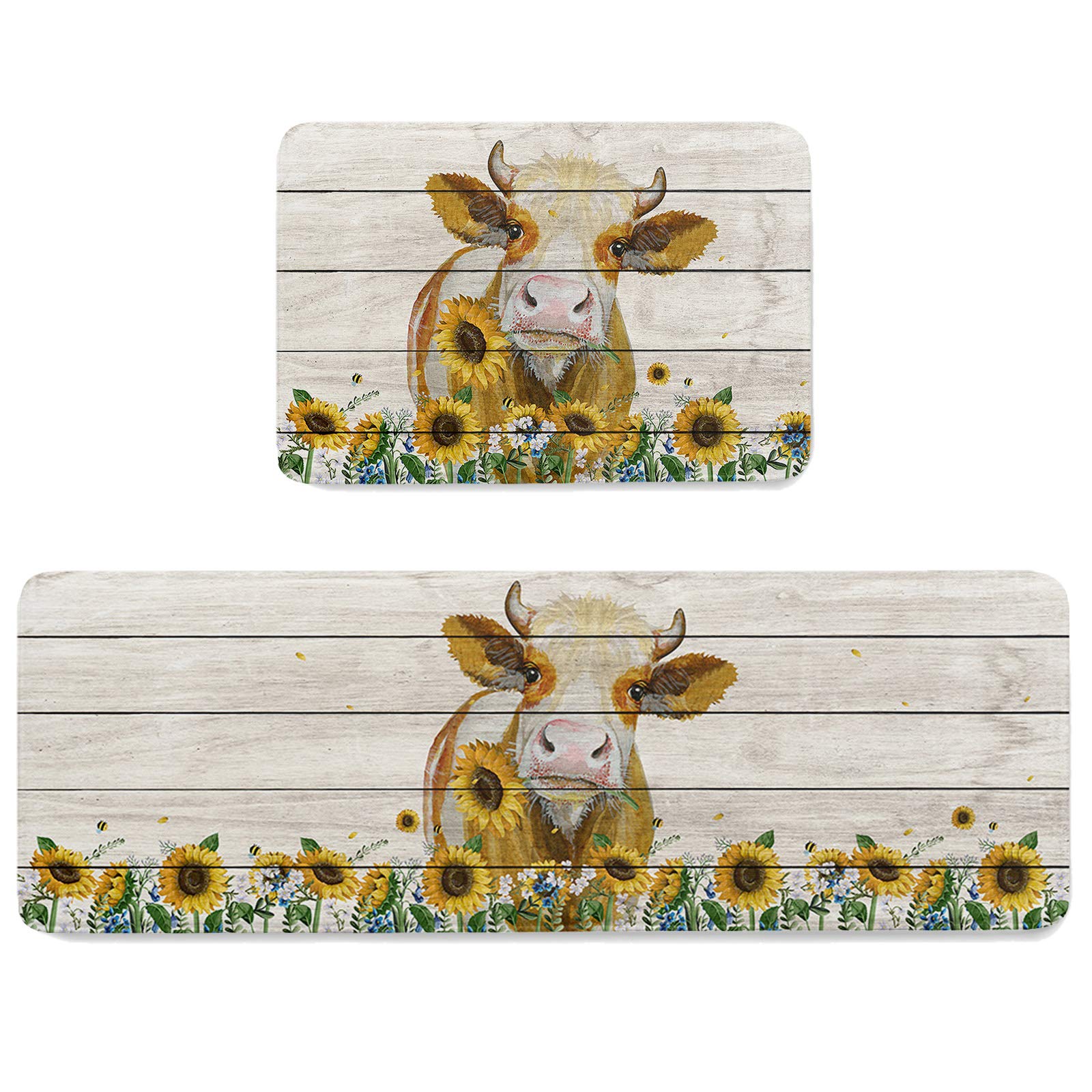 Photo 1 of 2Pcs Farmhouse Cow Kitchen Rug, Non Skid Waterproof Kitchen Mats, Anti Fatigue Standing Mat for Living Room Laundry 19.7x31.5in+19.7x47.2in Animals Cattle with Sunflower on Retro Board 19.7x31.5in+19.7x47.2in Sunflowerdoe1581
