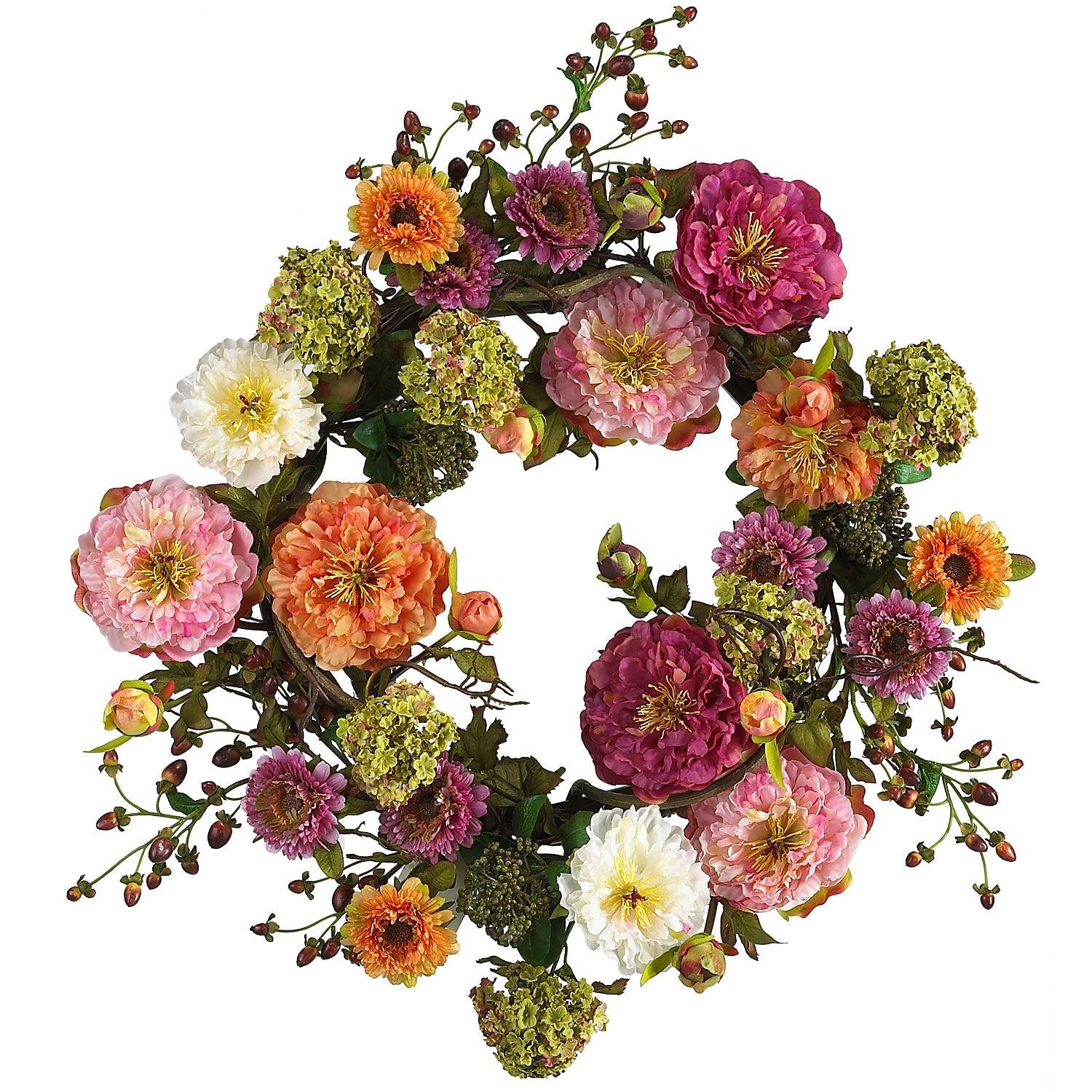 Nearly Natural 24" Peony Wreath, 24in, Mixed