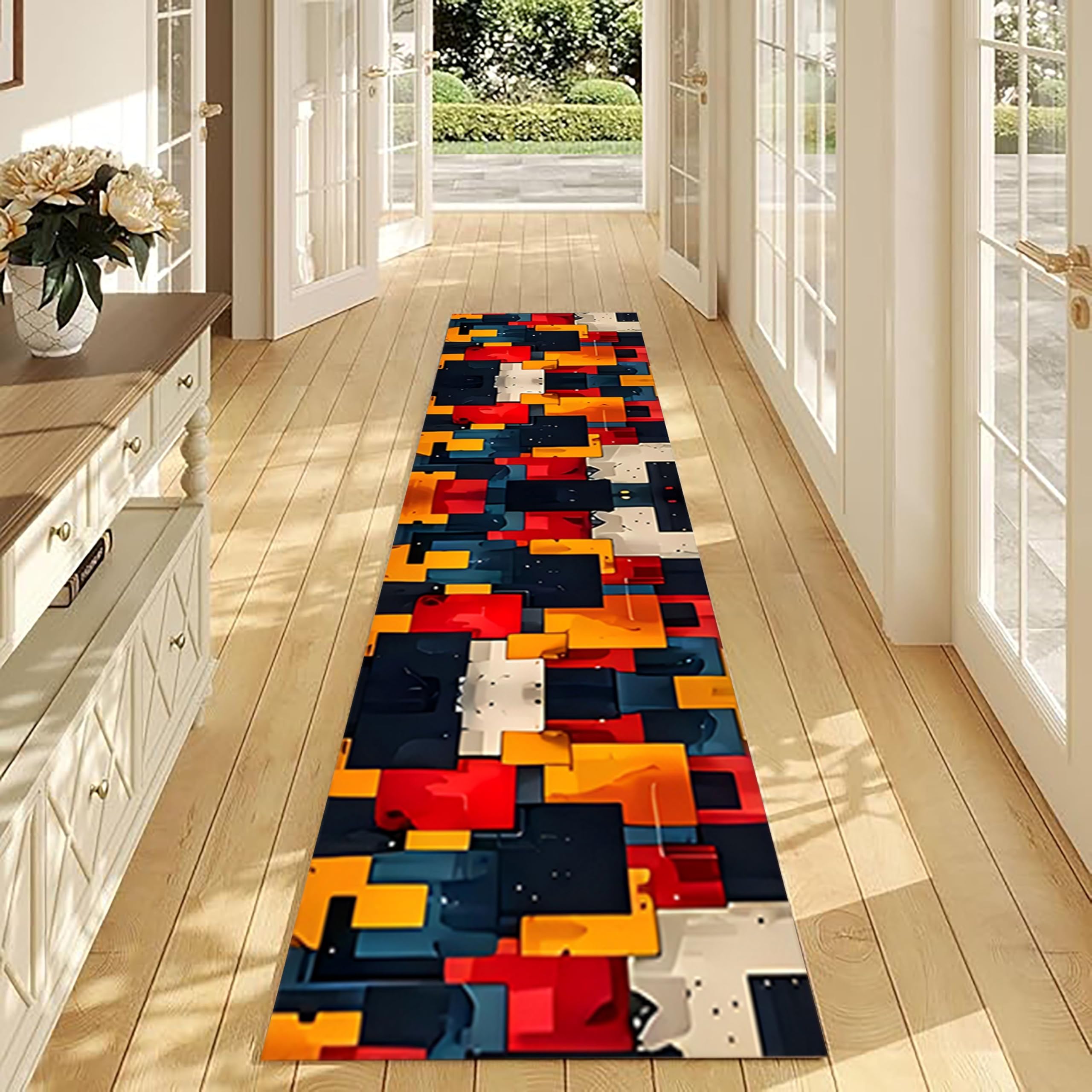 USHIRUG Colorful Runner Rug,60x240cm, Orange Blue Black Geometric Carpet Runners for Hallways, Abstract Lattice Area Rugs for Kitchen, Laundry Bedroom, Non-Slip Extra Long Washable Contemporary Rugs