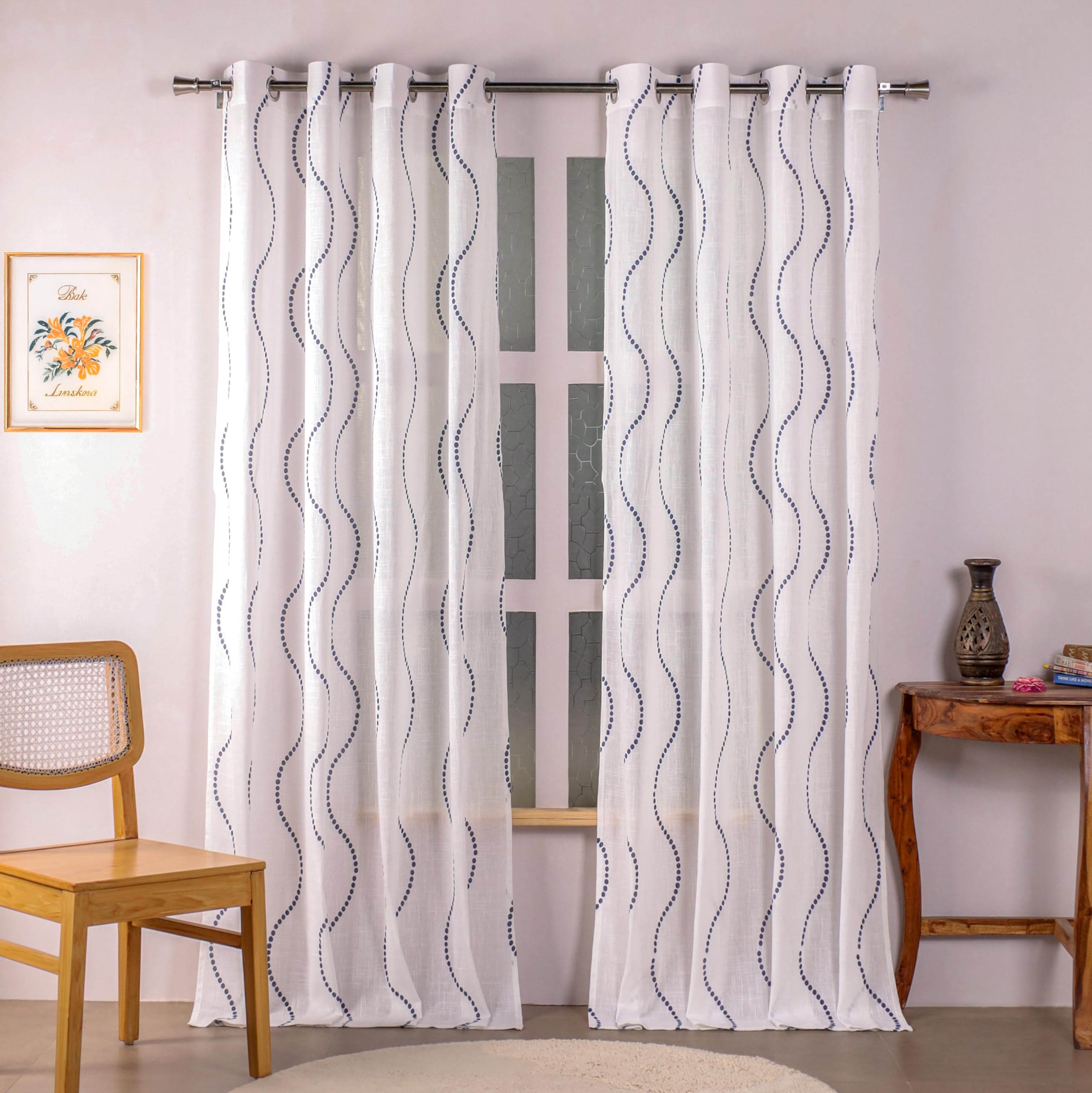 HOMEMONDE Cotton Sheer Long Door 8 Feet Curtains Set of 2- Printed Sheer Light Filtering Curtain with Eyelets - (96 Inches, Wave Blue)