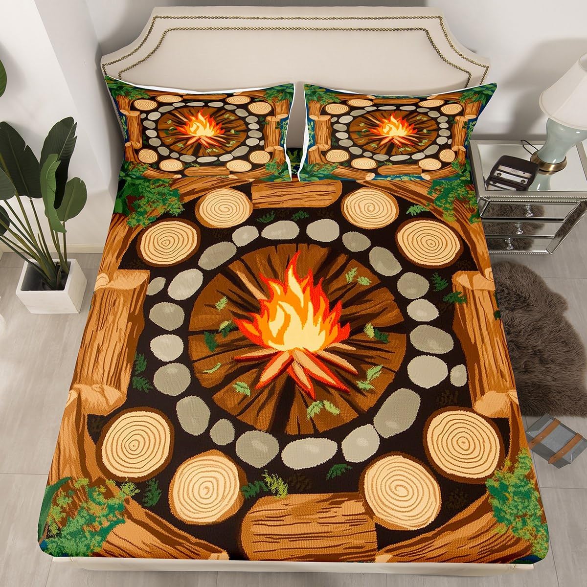 Erosebridal Campfire Bed Sheets Queen Size Tree Seats Fitted Sheet Cartoon Funny Owl Mushroom Bed Set for Kids Woodland Stump Brown Leaves Flowers Deep Pocket Bedroom Decor