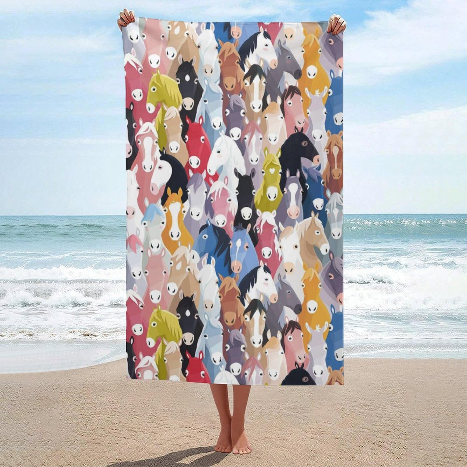 LEDFCVSU Beach Towel, Colourful Cartoon Horses Bath Towel, Absorbent Towel for Swimming, Sports, Travel