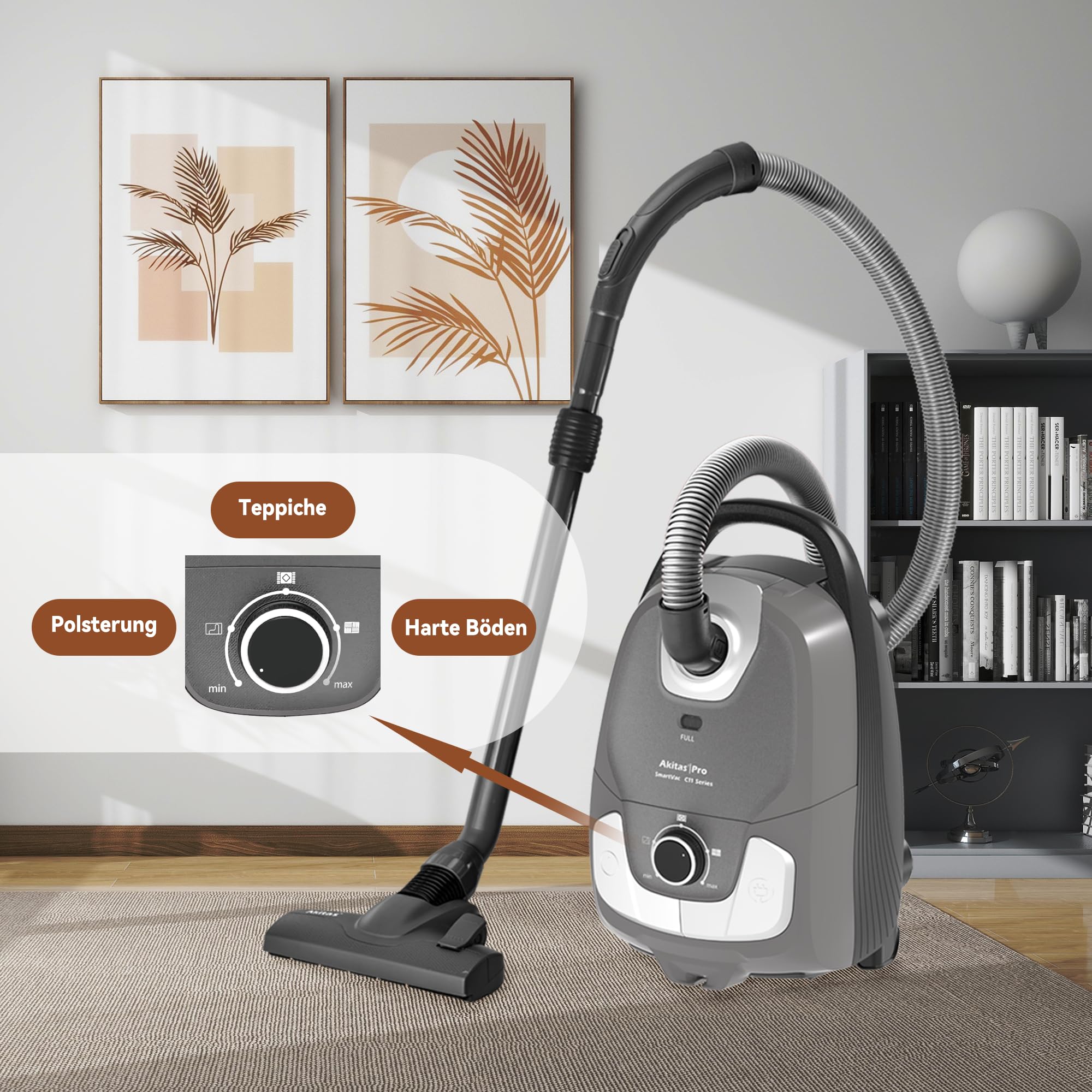 Akitas C11 Pet 900W Staubsauger mit Beutel – inkl. zusätzlicher Turbo-Tierhaarbürste, 7 m Netzkabel & 10 m Arbeitsradius, verstellbare Saugkraft, große Kapazität, für Harte Böden & Teppiche