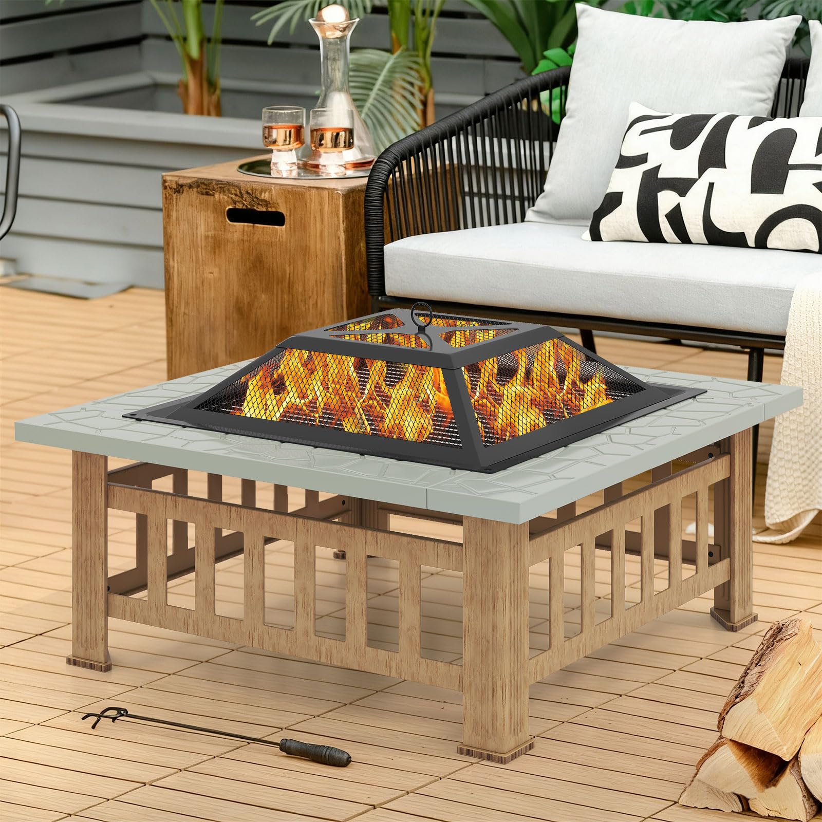 COSTWAY Palenisko z rusztem, palenisko 3 w 1, z ochroną przed iskrami i hakiem pogrzebowym, do ogrodu, na zewnątrz, 81 x 81 x 50 cm, Fire Pit do ogrzewania, grilla i pikników (kolor szary)