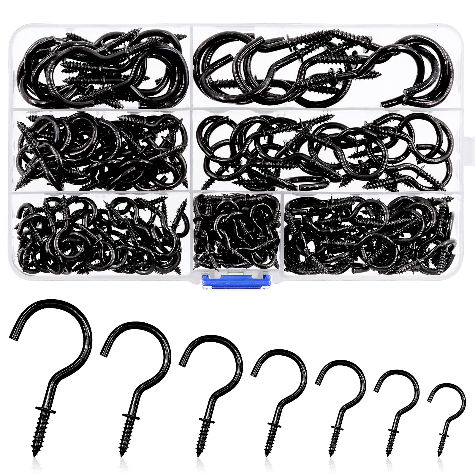 Mardatt 205 Pcs 7 Sizes Metal Hanging Hooks Kit Black Screw in Cup Hooks Light Hooks, Wall Ceiling Hook Hanger