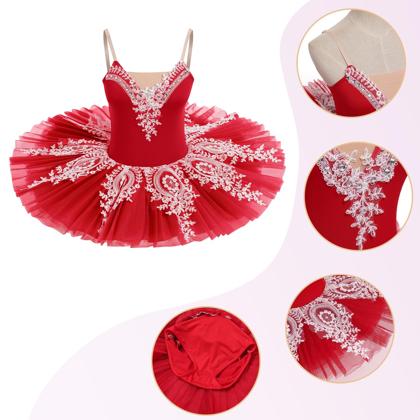 OBEEII Femme Robe de Ballet Broderies en Dentelle Ballet Tutu Justaucorps Danse Classique Gymnastique Léotard Costume