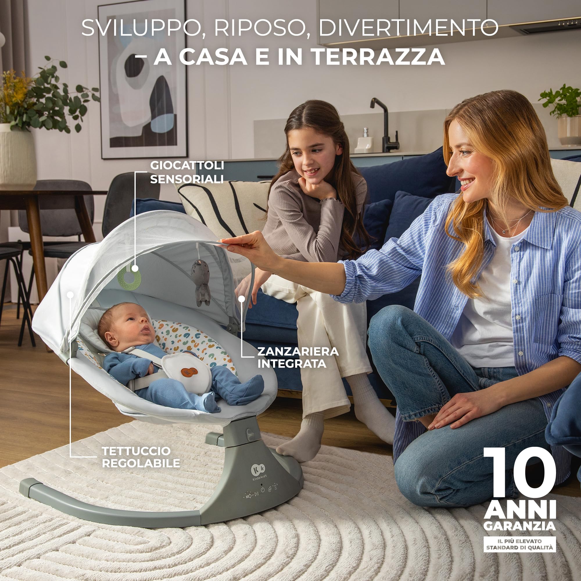 Kinderkraft LUMI 2 Sdraietta, Altalena elettrica, Dalla nascita fino a 9 mesi, Altezza regolabile, 5 modalità di altalena, 12 melodie, Arco con giocattoli, Grigio scuro