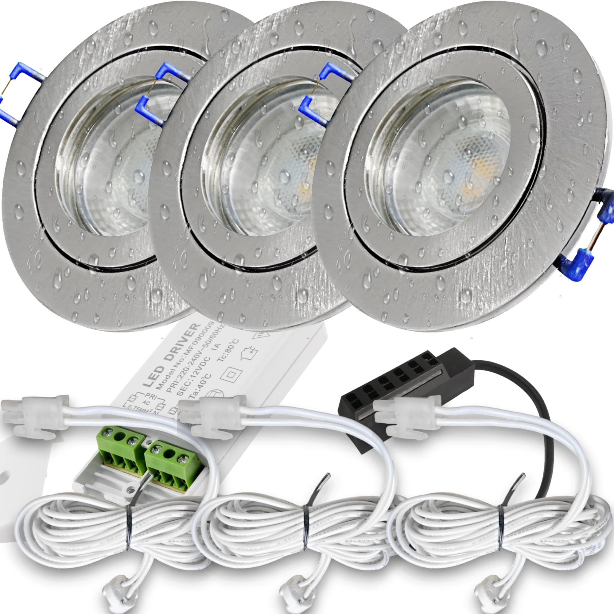 LED Decken Einbauspots 3er Set –, IP44, Feuchträume, Niederspannung 12V, 250 Lumen, Warmweiß, 3W, Rund, inkl. Netzteil & 120cm Zuleitung mit AMP Stecker. Bad, Dusche, Küche, überdachter Aussenbereich