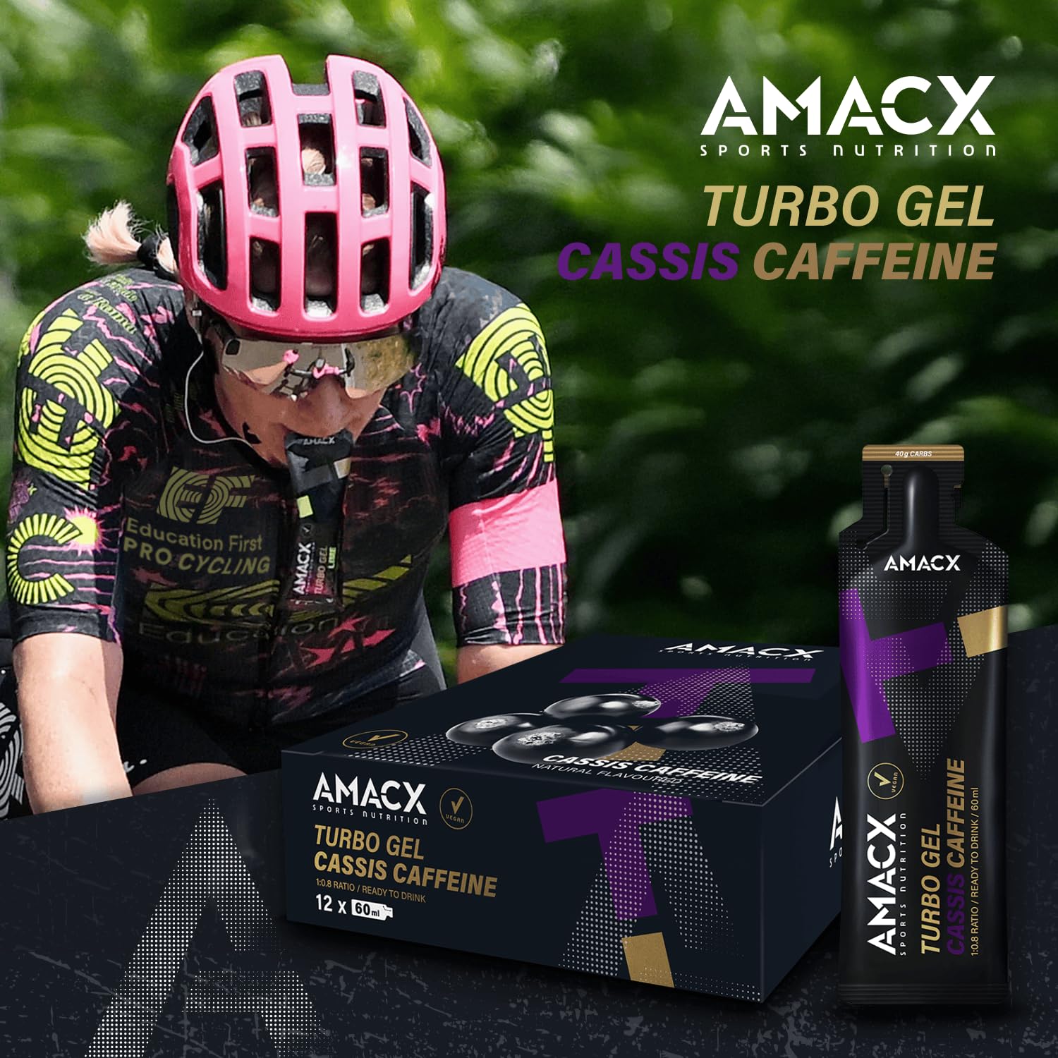 AMACX Turbo Energy Gel per Atleti di Resistenza con Caffeina e 40g di Carboidrati – Confezione da 12 – Gel Energetico Ciclismo y Running – Carbogel con Sali Minerali Integratori – Cassis/Caffeina