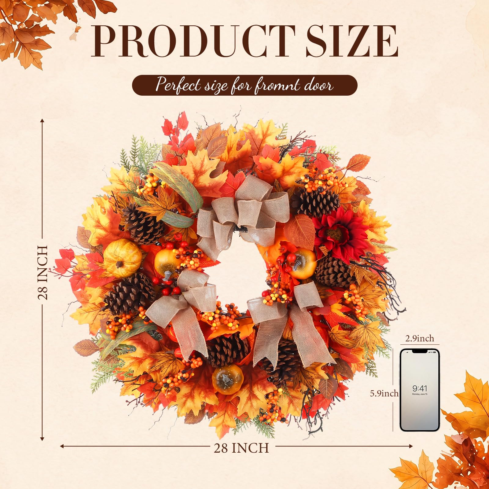 Thiccywoov Couronnes d'automne pour porte d'entrée de 71,1 cm, couronne de feuilles d'érable artificielles avec citrouilles, baies, pommes de pin, décorations de porte pour mur, porche, maison