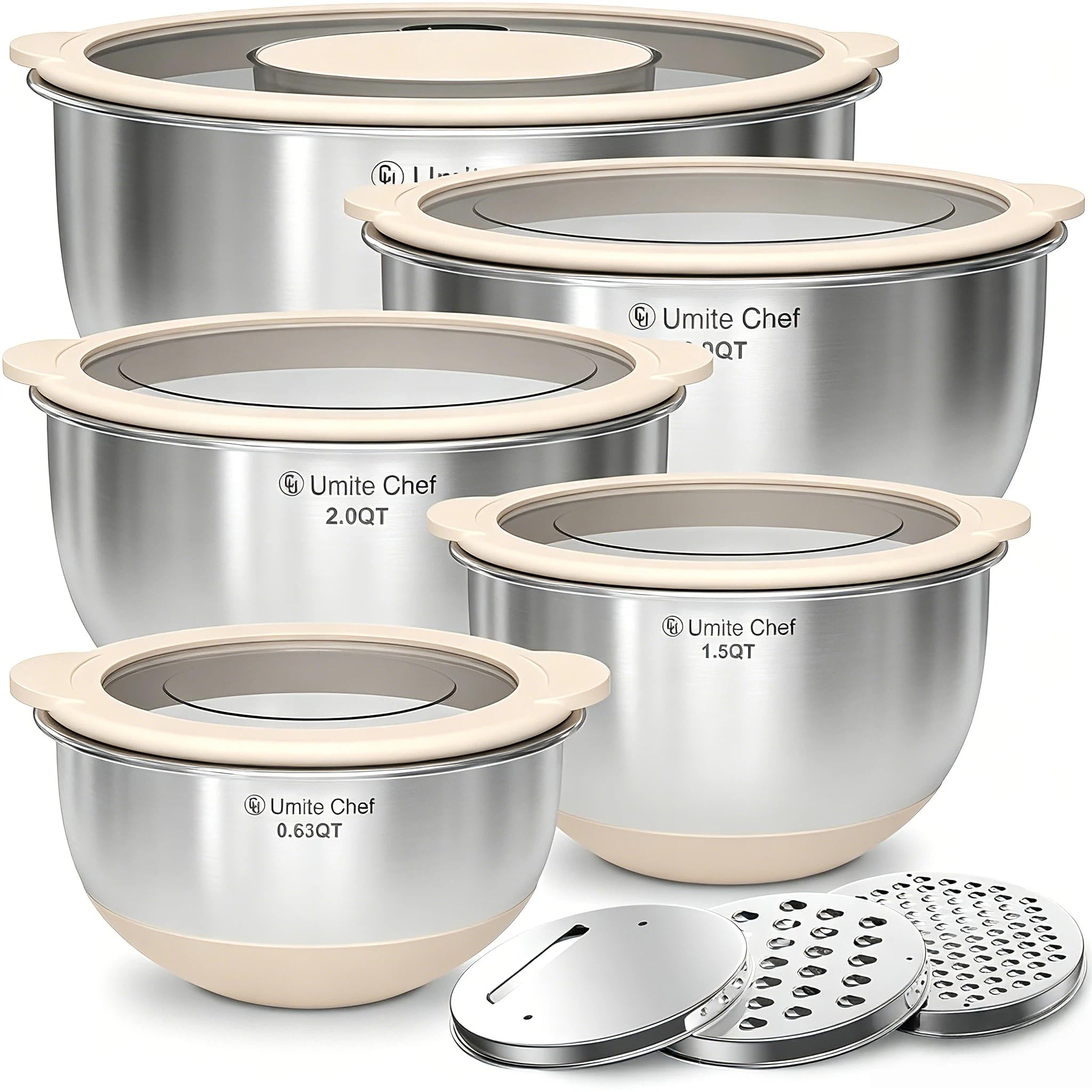 Photo 1 of Mixing Bowles Set with Lids Set - Warp-Proof TPR-AS Lids, Stainless Steel Mixing Bowl with 3 Graters & Measuring Lines, Non-Slip Bowls for Baking, Prep, Airtight Food Storage (Khaki 5/3/2/1.5/0.63QT)