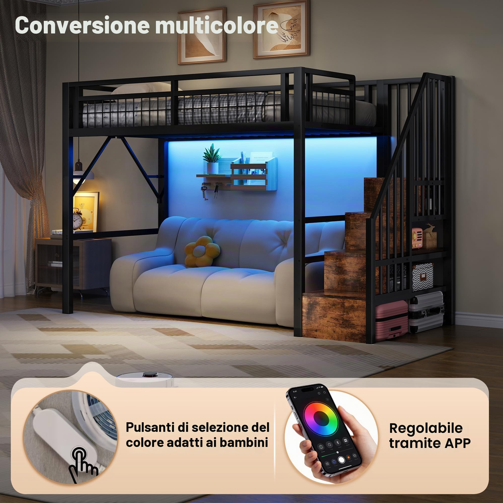 Letto a castello, 90 x 200 cm, con struttura in ferro, barra luminosa LED, scale con spazio di archiviazione, spazio libero per vestirsi, senza materasso, Nero