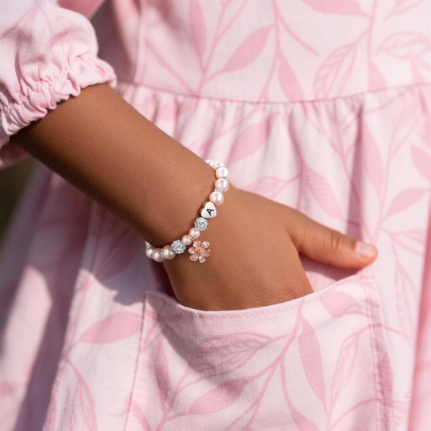 MONOOC Cute Flower Charm Bracelet for Girls Kids - Initial Charm Bracelets for Girls, Adjustable Pearl and Rhinestone Beaded Bracelet Heart Initial Bracelets Jewelry for Flower Girl Birthday Gifts - Image 2
