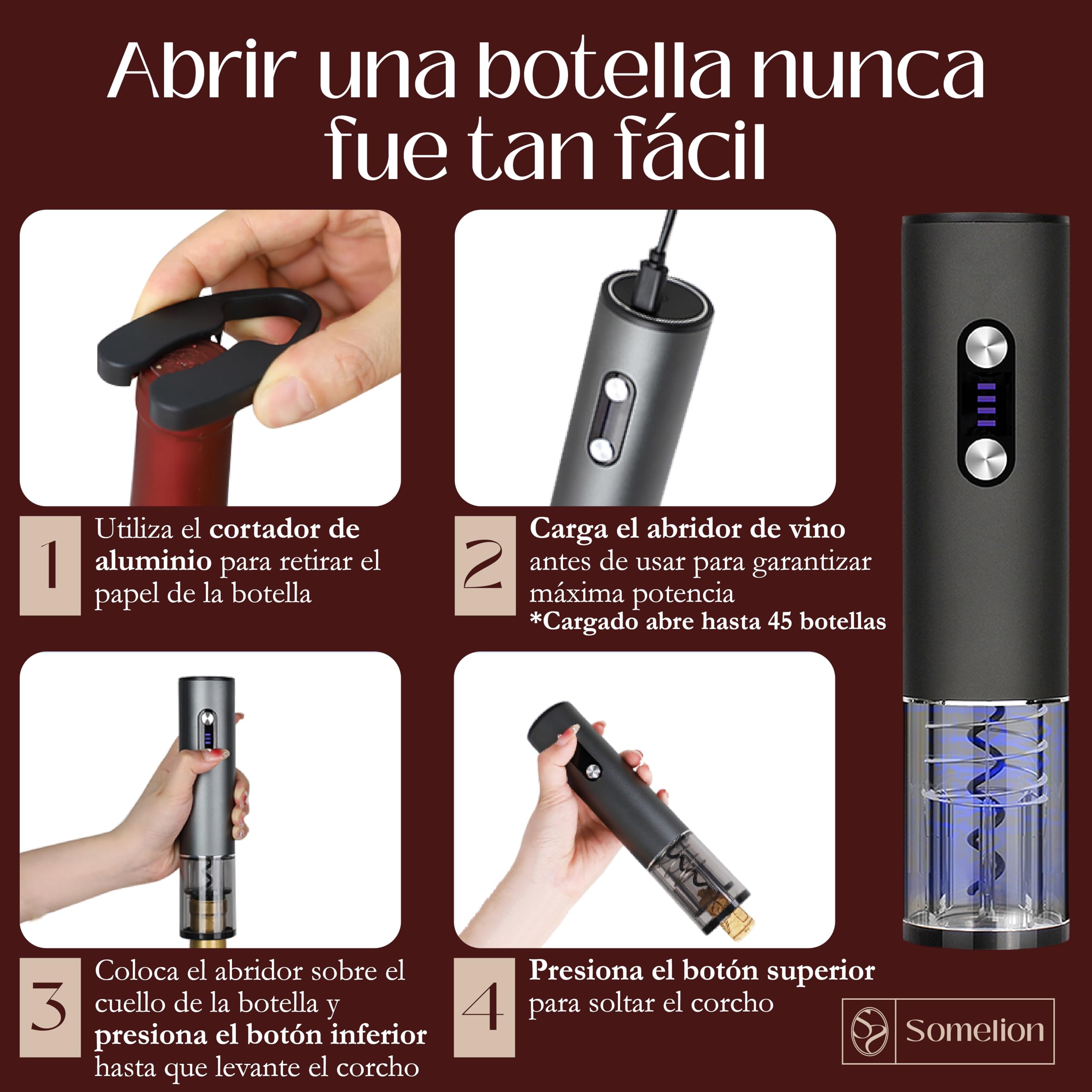 Abridor Electrico de Vino con Pantalla de Bateria Set 7 en 1 con Base Accesorios Vacio Vertedor Carga UsbC Apertura Rapida 6 A 10 Segundos Regalo Ideal Portatil Facil de Usar Diseño Premium en Español