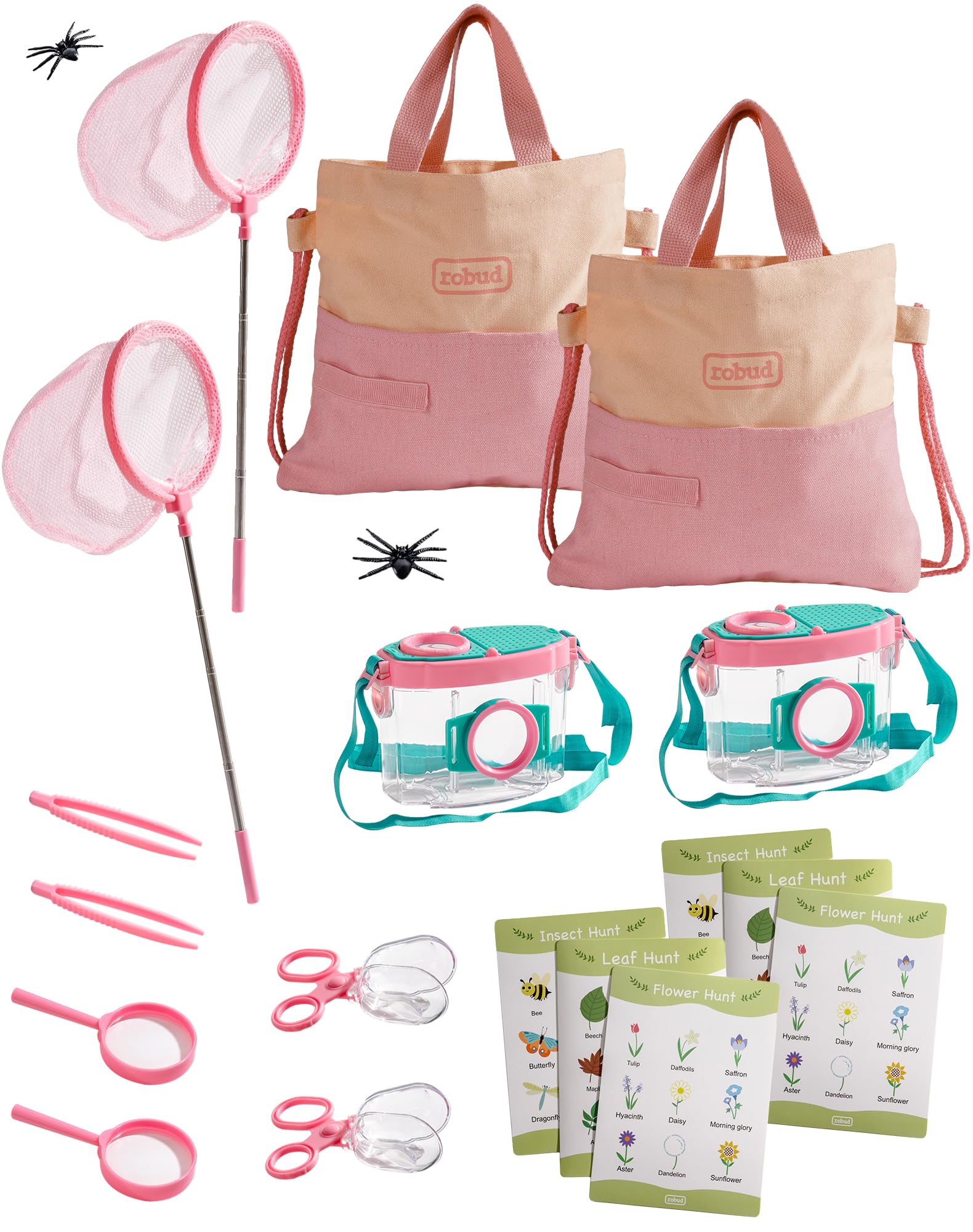 ROBUD Dual Kids Outdoor Explorer Kit, 20 PCS Bug Catcher Kit Adventure Sets with Butterfly Nets, Magnifying Glasses, Bug Containers, Carry Bags, Bug Hunting Kit for Toddlers Ages 3-12, Pink