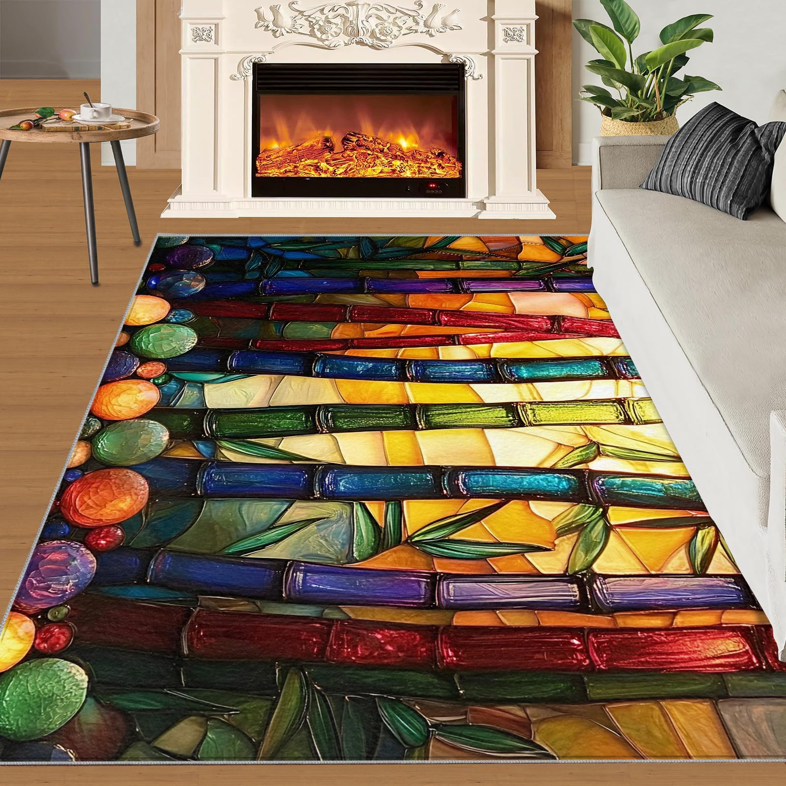 Tapis Abstrait pour entrée, Tapis en Bambou teinté 80 x 150 cm, Tapis Moderne géométrique Lavable et antidérapant pour décoration d'intérieur