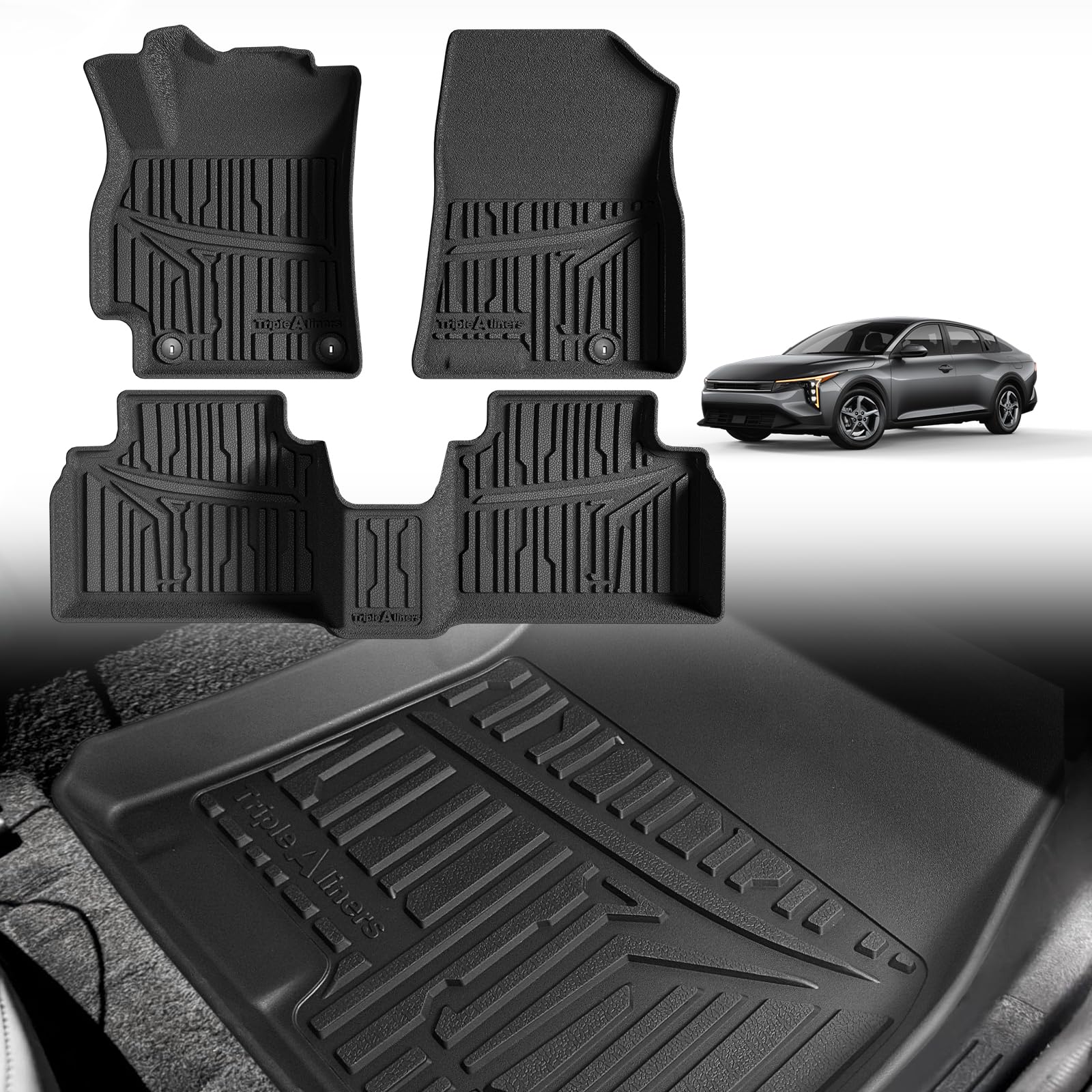 TripleAliners All Weather Floor Mats Compatible with 2024 2025 KIA K4 Accessories 1st & 2nd Row Liners TPE Full Coverage Protection Waterproof Car Floor Liners