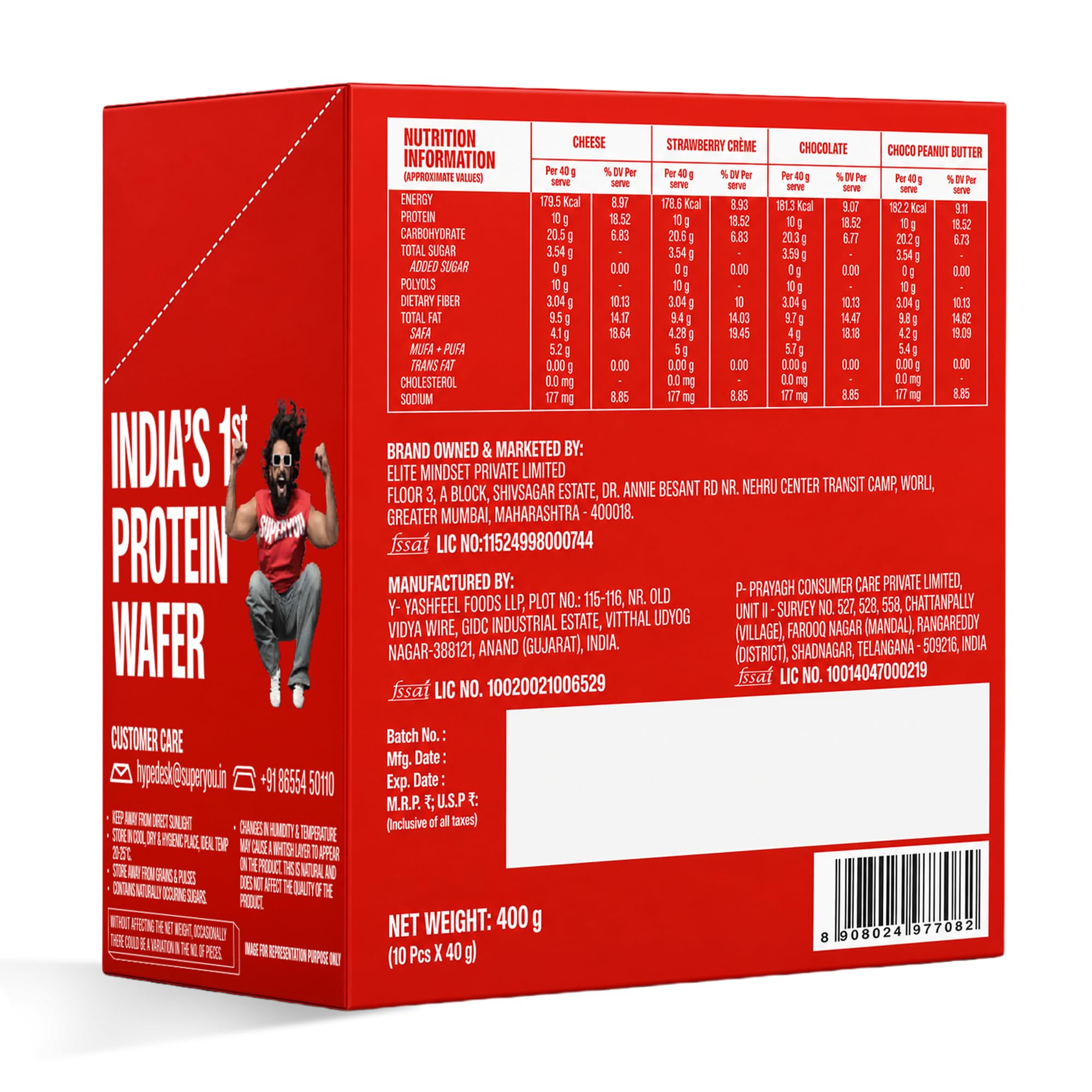 SuperYou Assorted Protein Wafer Bars (Pack of 10)|10g Protein, 3g Fiber, No Added Sugar|Yeast Fermented Protein|Energy Bars|Crunchy Wafer Bar|100% Vegetarian|No Palm Oil|400g