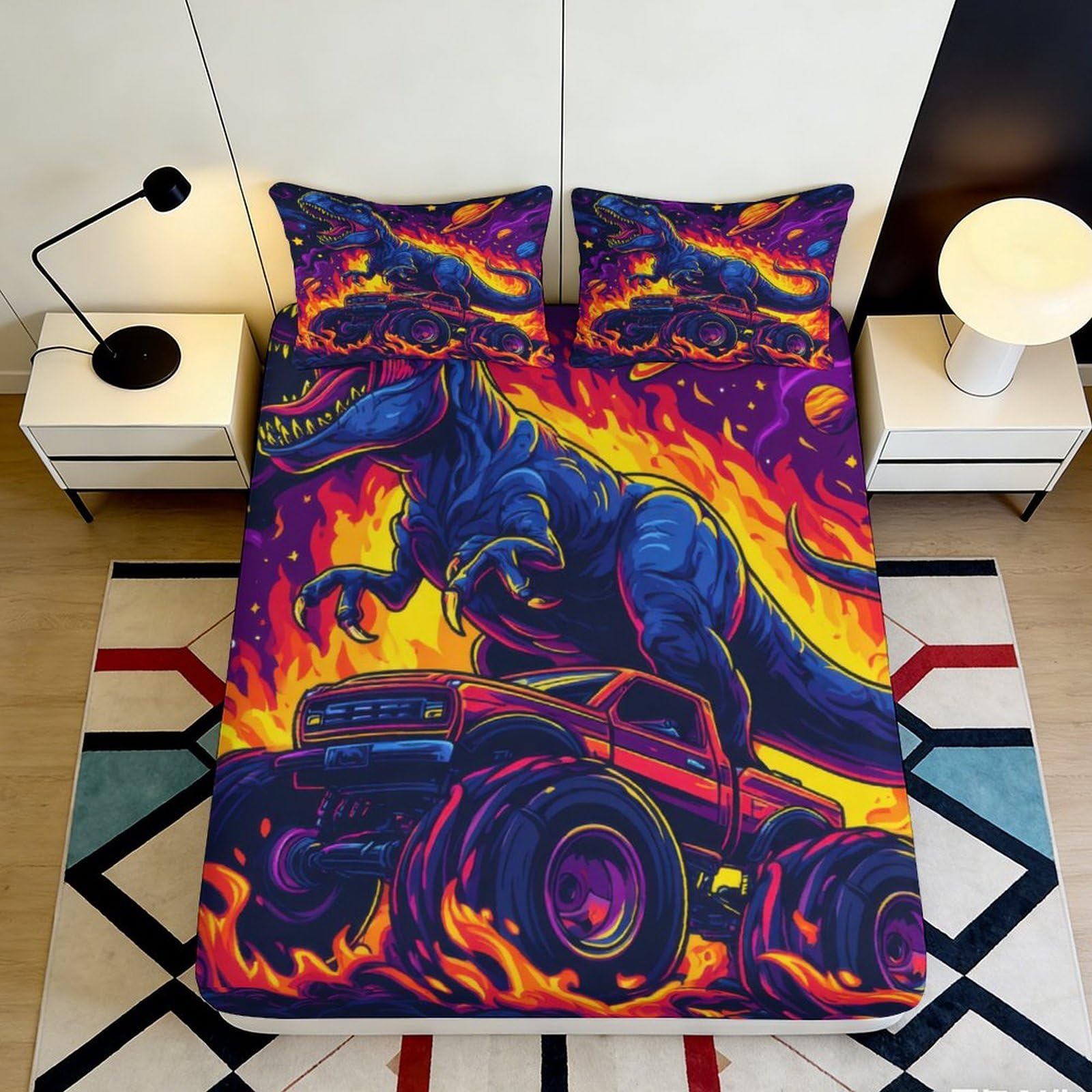 3D Printed Dinosaur Monster Truck Fitted Sheet Microfiber Vibrant Flames Bed Cover for Bedroom Dorm Mattress Protection 180x200x25cm