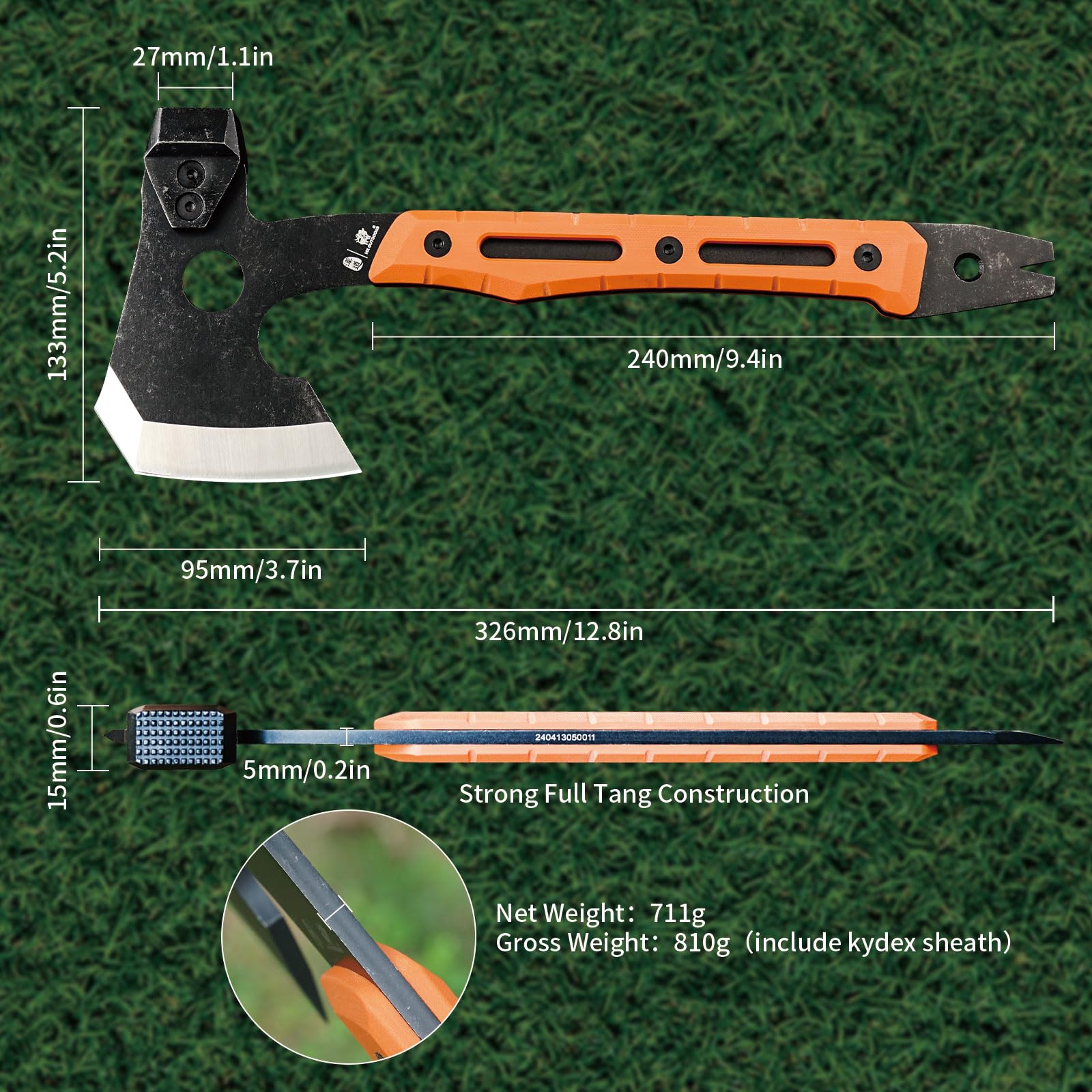 HX OUTDOORS Hacha de Partido Multifuncional, Hacha Táctica de Supervivencia y Campismo de Tanga Completa，Hachas de Mano para Campismo y Bushcraft con Martillo y Sacacorchos (Naranja)