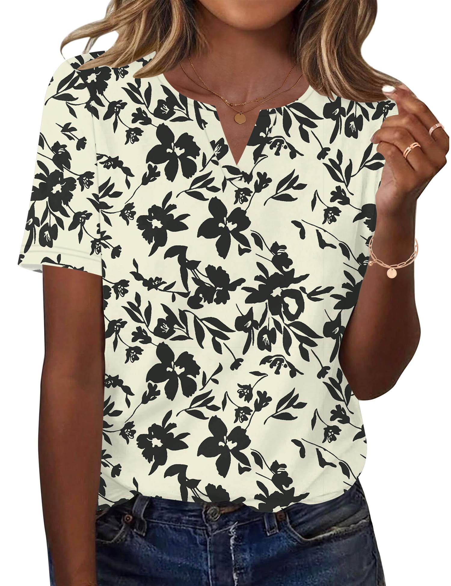 Rapbin Bluse Damen V-Ausschnitt T-Shirt Blumen Tunika Kurzarm Top Sommer Oberteile Elegant Casual Business