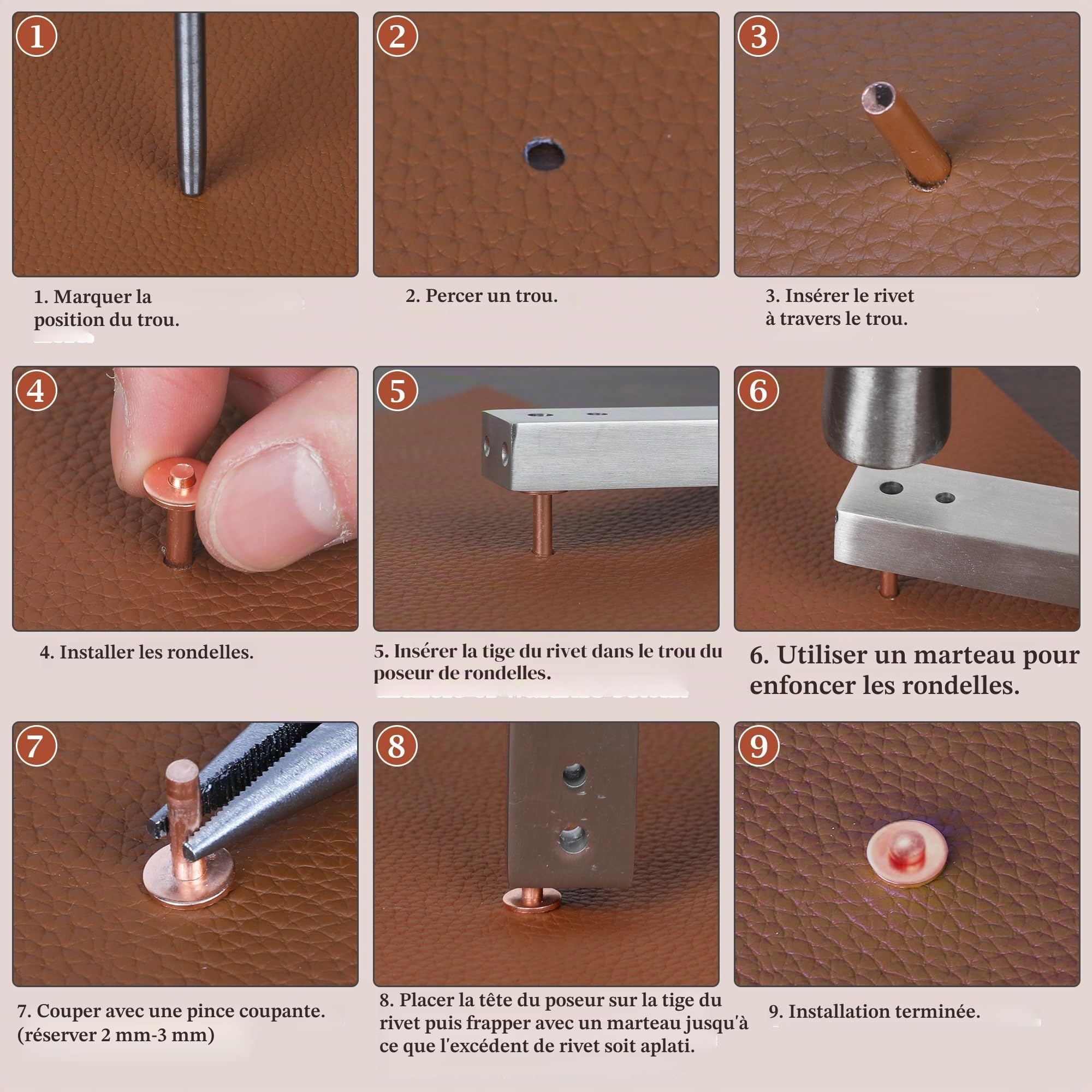 124pcs Rivets en Cuivre pour Cuir 60 Kits de 5 tailles de Rivets et Bavures en Cuivre Kit de Rivets avec Fixation et 2 Poinçons pour Fournitures Artisanales Ceintures Portefeuilles Bricolage