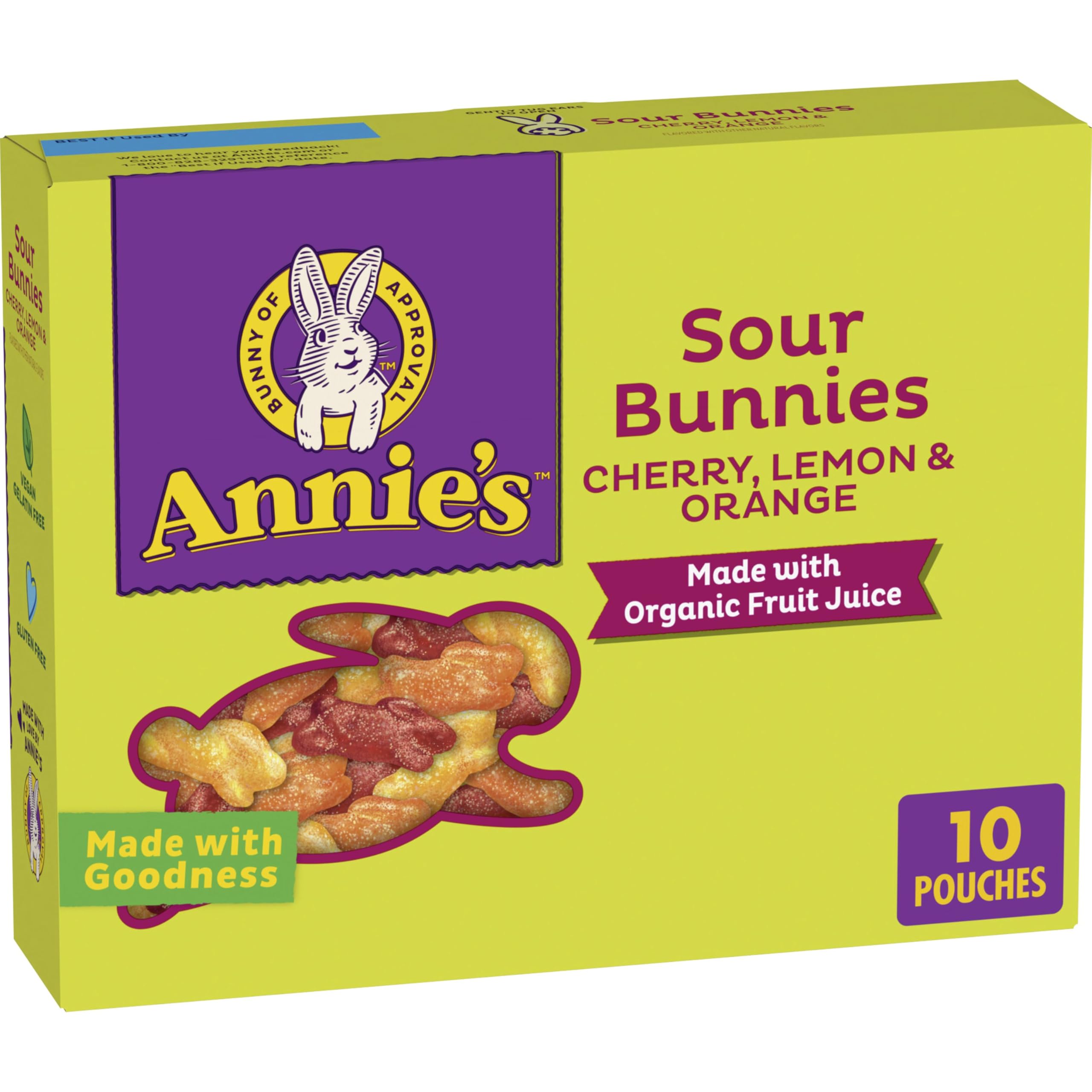 Annie's Sour Bunnies Fruit Flavored Snacks, Cherry, Lemon & Orange Flavors, Made With Organic Fruit Juice, 7 oz