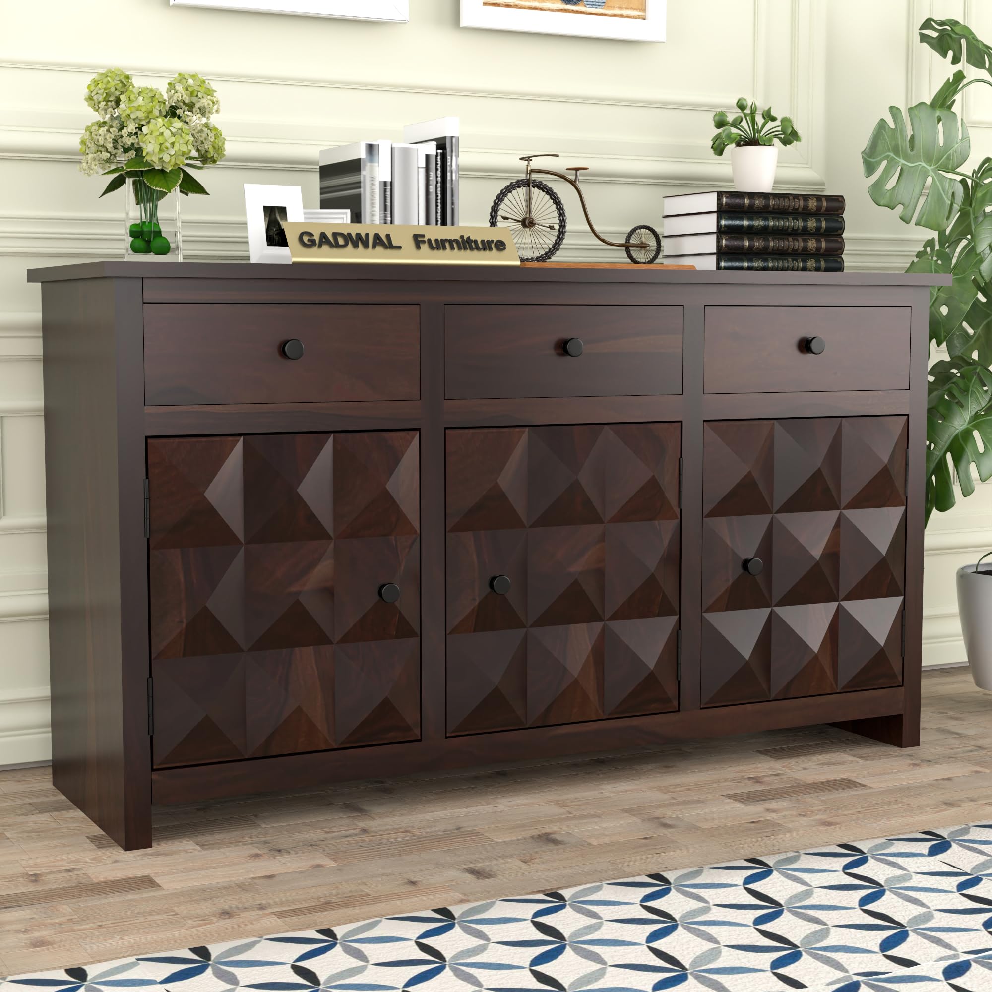 GADWAL FURNITURE Solid Sheesham Wood Wooden Cabinet Sideboard with 3 Drawers and 3-Door Storage Chest of Drawer for Your Stylish Living Room, Bedroom (Paloma, Walnut Finish)-picture-32