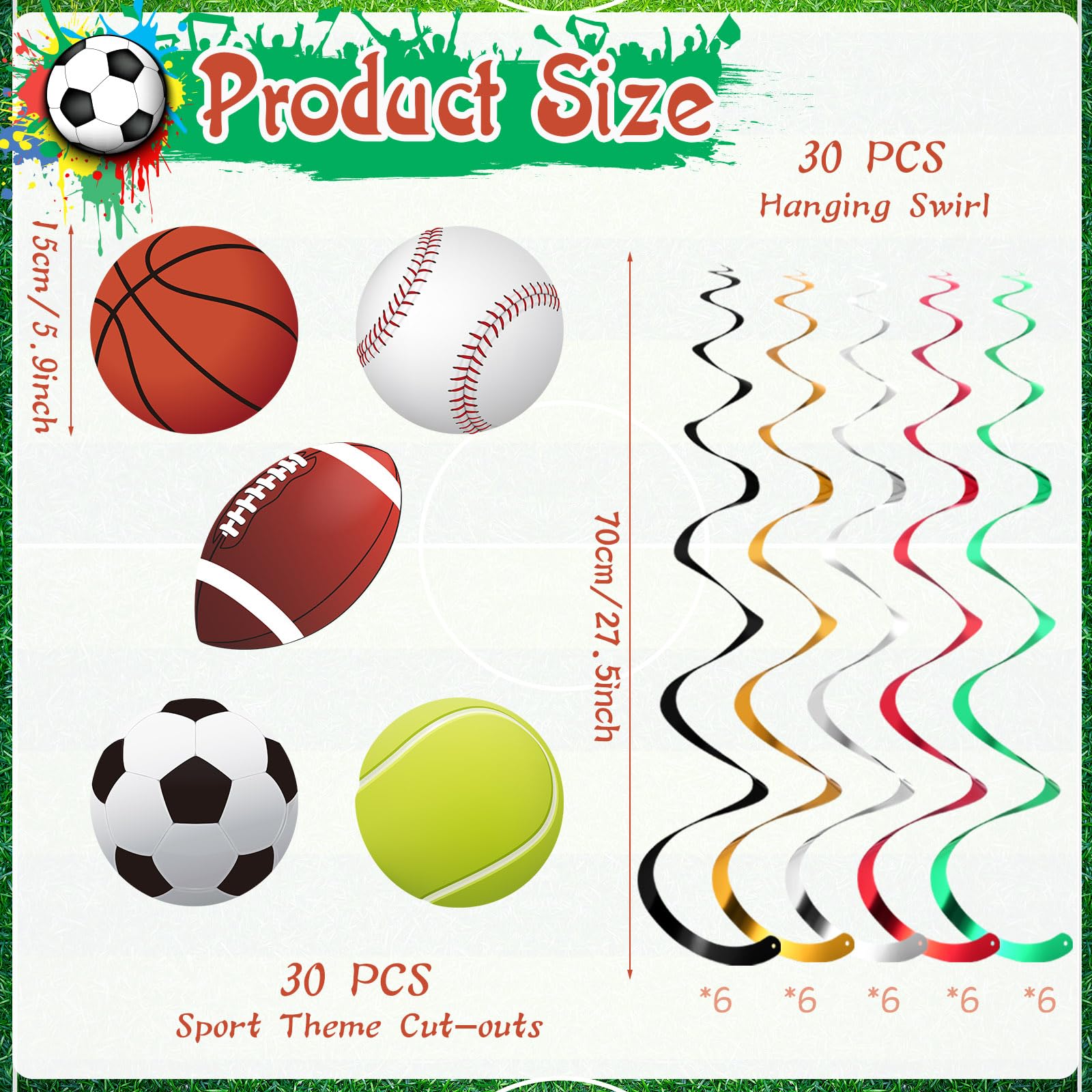 Dianelhall 60 Decoraciones Remolinos Colgantes de Fiesta Deportiva Serpentinas de Techo con Recortes de Pelota de Baloncesto Fútbol Béisbol Tenis Fútbol Americano Cumpleaños con Tema Deporte