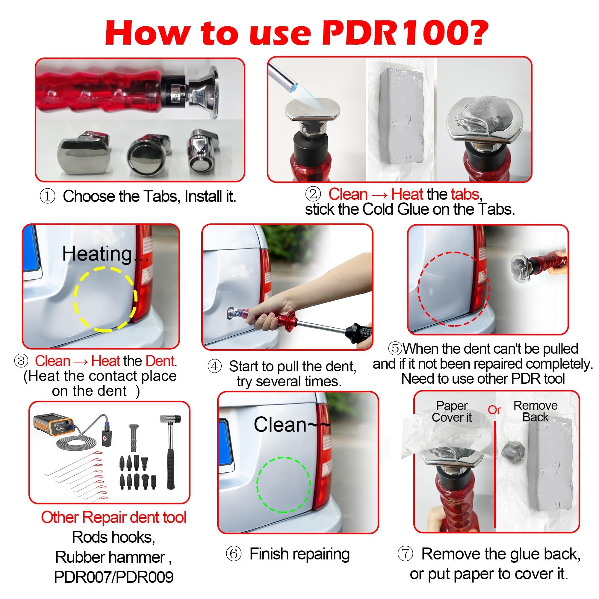 WOYO PDR100 - Extractor de abolladuras de martillo deslizante con pegamento frío, herramientas de reparación de abolladuras de coche, con 3 pestañas de tamaño, kits PDR para eliminación de abolladuras