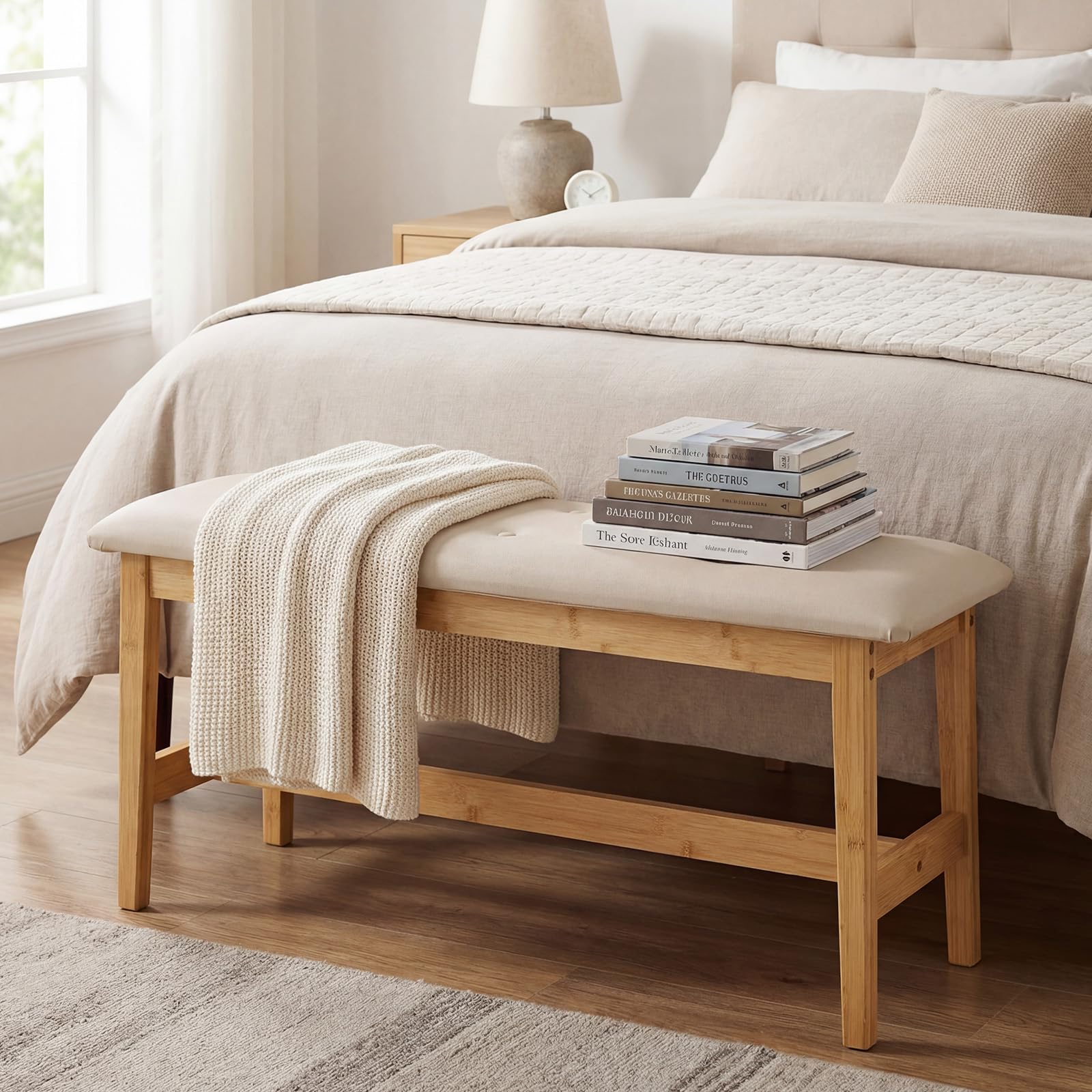 COSTWAY Banco Tapizado de 100 cm, Taburete de Bambú para pie de Cama con Botones y Asiento Acolchado, Cuero Artificial y Relleno de Esponja, Taburete para Zapatos, Banco para Cocina, Entrada, Pasillo