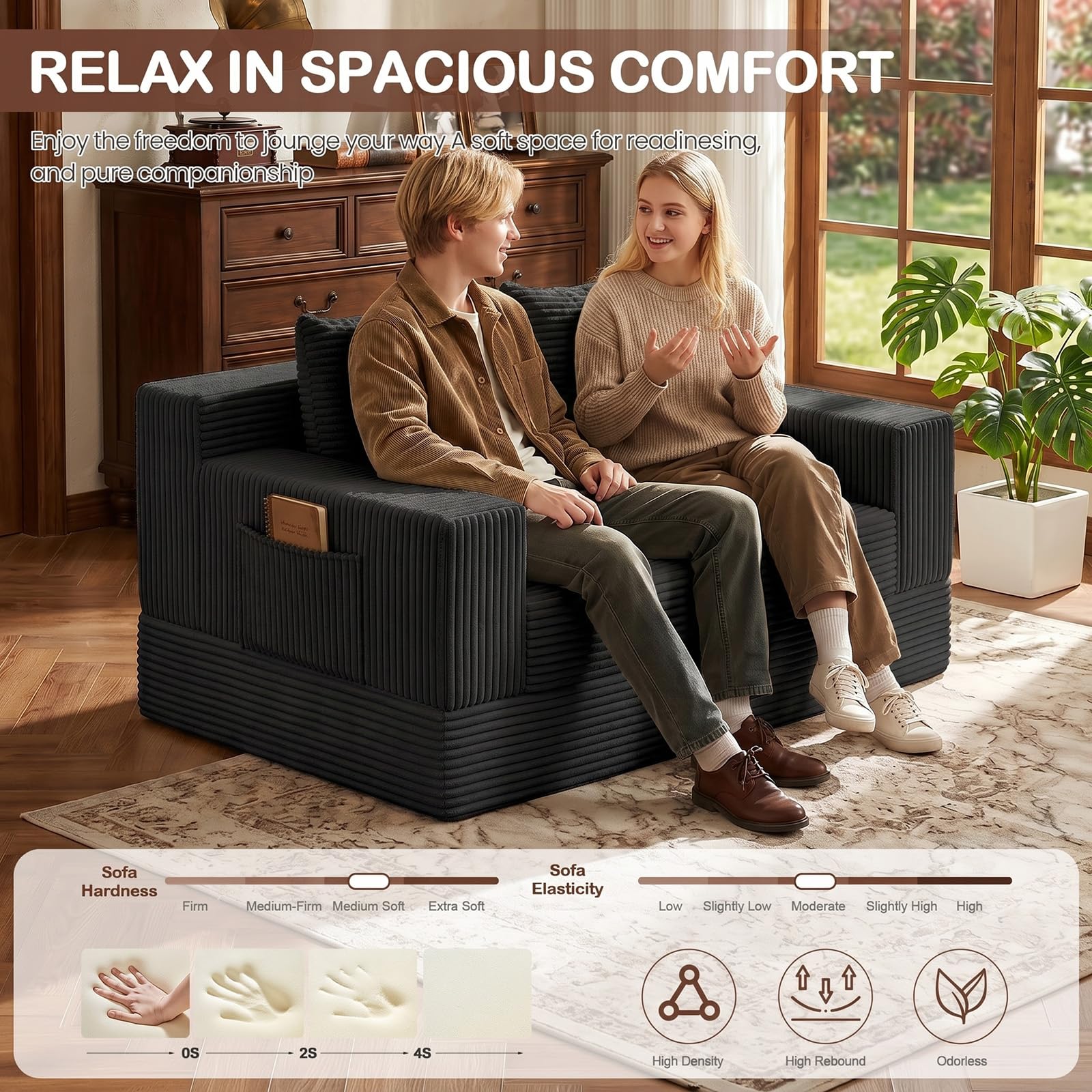 Boneless Loveseat Couch Folding Sofa Bed, Foldable Floor Futon Sleeper Couch Bed - Convertible Sofa Bed, Corduroy Pull Out Sofa Bed with 2 Pillows for Living Room & Bedroom