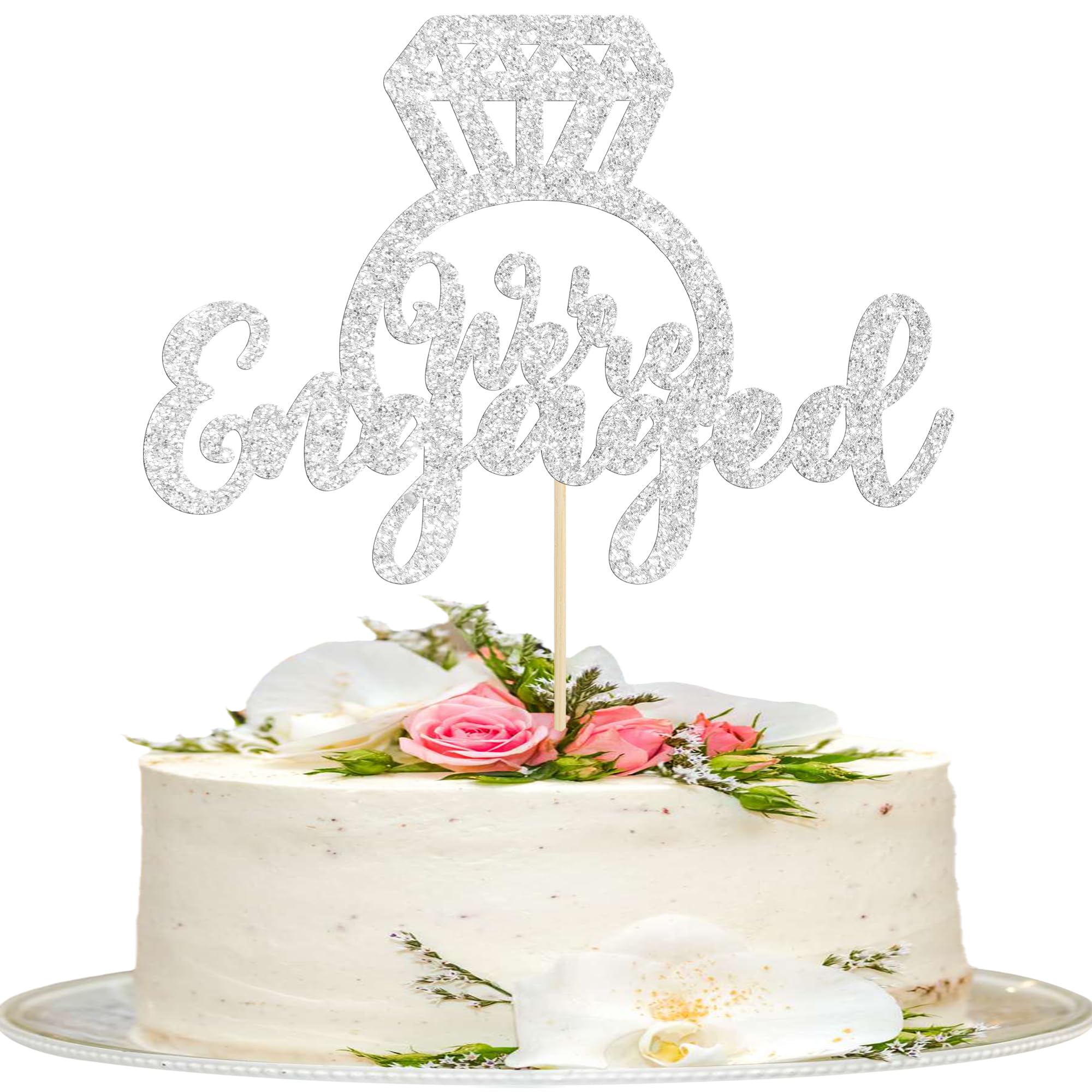 1Pc Silver Glitter We're Engaged Cake Topper With Diamond Ring Love Wedding Cake Decoration for Wedding Engagement Birthday Party Cake Decorations