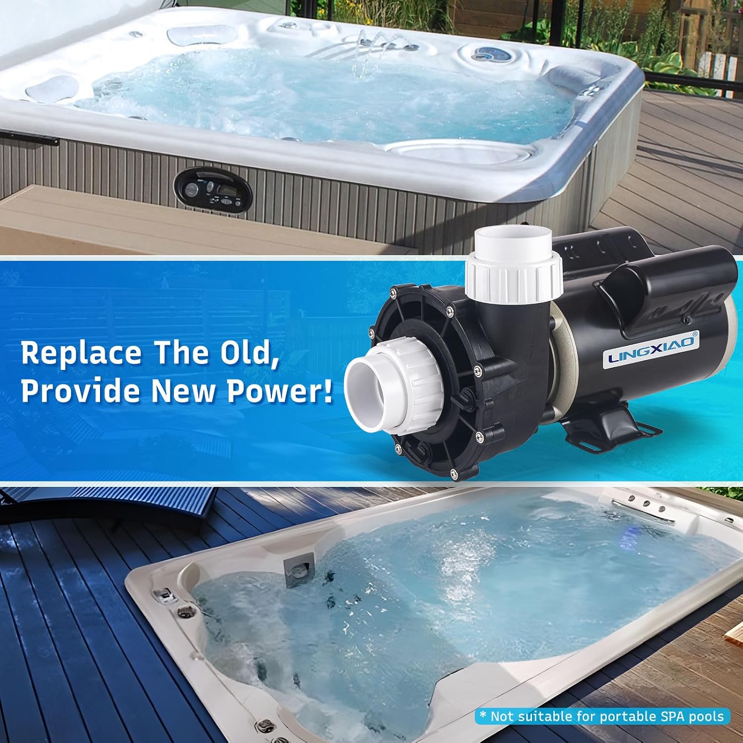 SPA Pump, 2HP Hot Tub Pump - 2 Speed LX SPA Motor 115V/60HZ, 2" Port - 48 Frame (Model: 48WUA1501C-II)