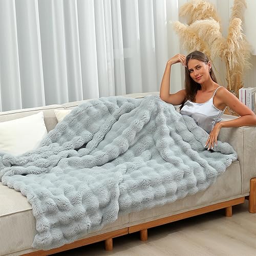 Miniatura 2 de RYNGHIPY Manta de piel sintética, manta gruesa y cálida de doble cara para sofá, manta decorativa de piel sintética de conejo para sofá, silla y