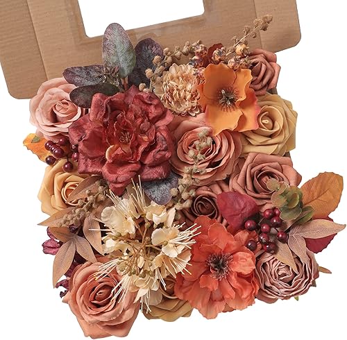 Juego de flores artificiales, caja de hojas de flores falsas naranja quemada con tallos para ramos de boda, centros de mesa, arreglo de arco, baby